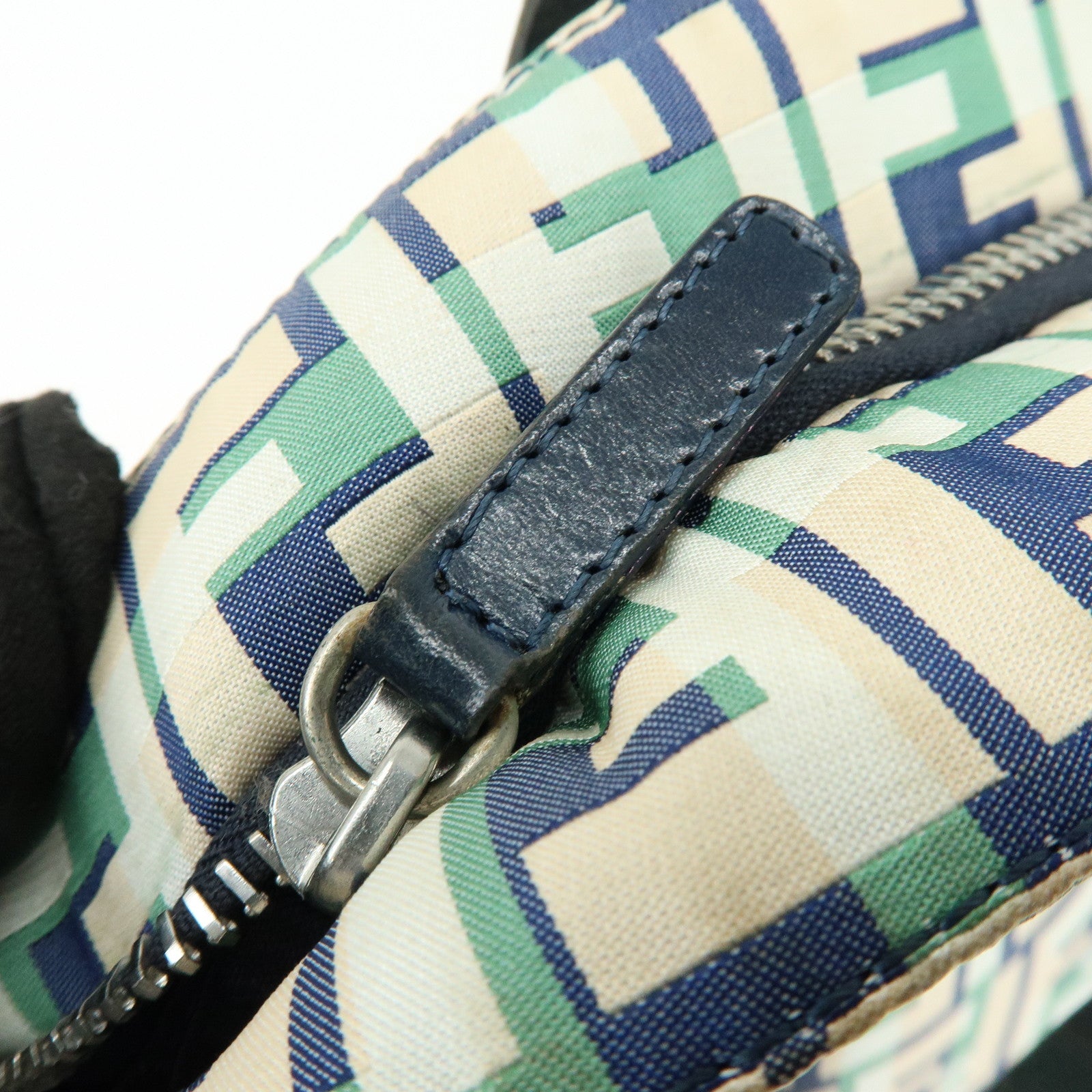 FENDI Zucca Nylon Leather Tote Bag Shoulder Bag Navy Green