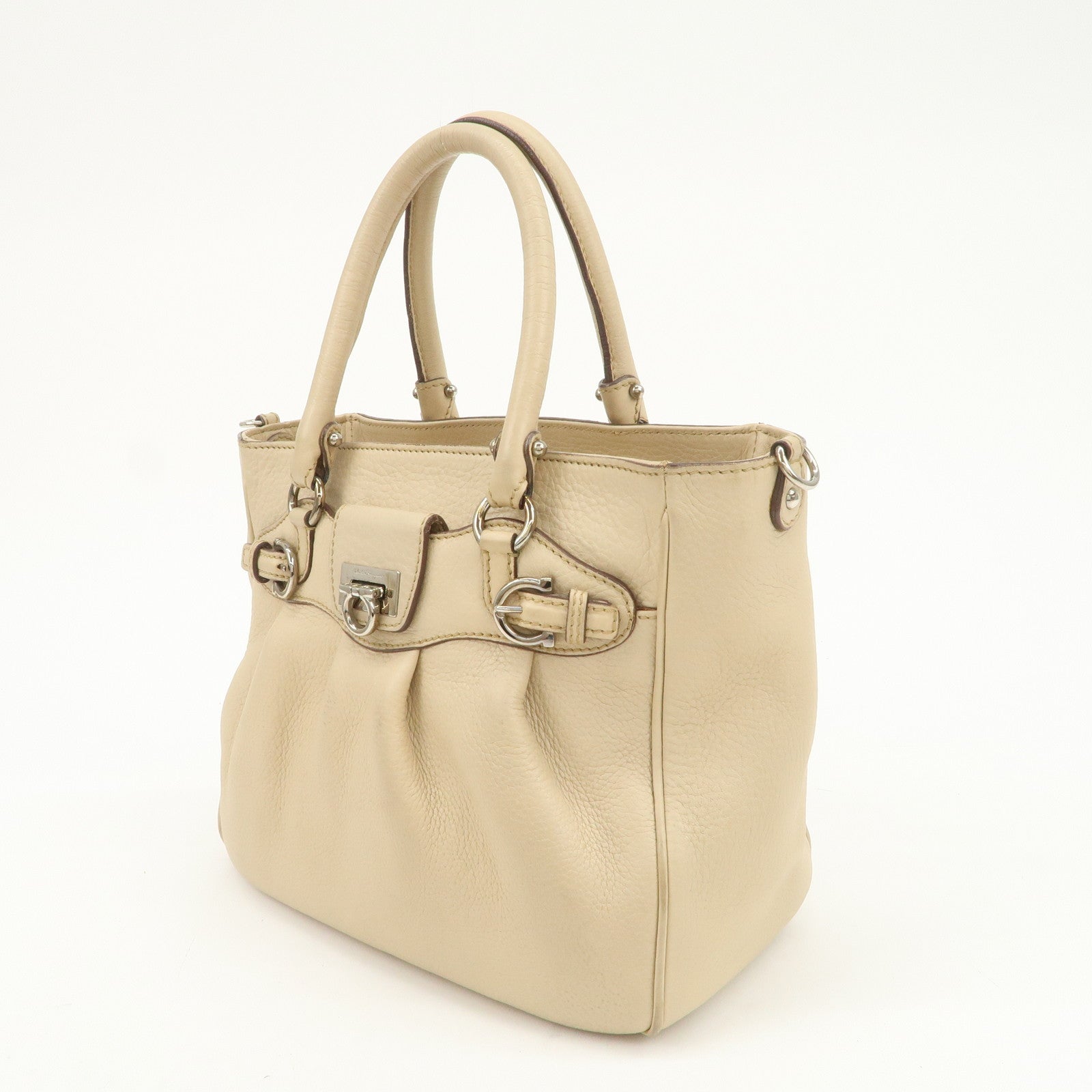 Ferragamo Gancini Leather 2Way Bag Hand Bag Shoulder Bag Beige