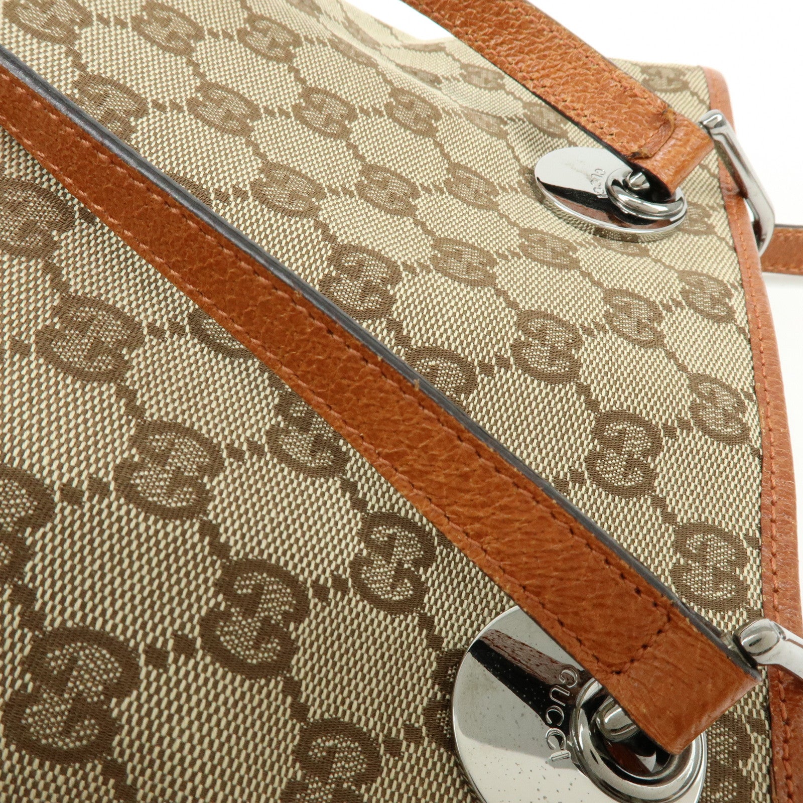 GUCCI GG Canvas Leather Tote Bag Hand Bag Brown 120840