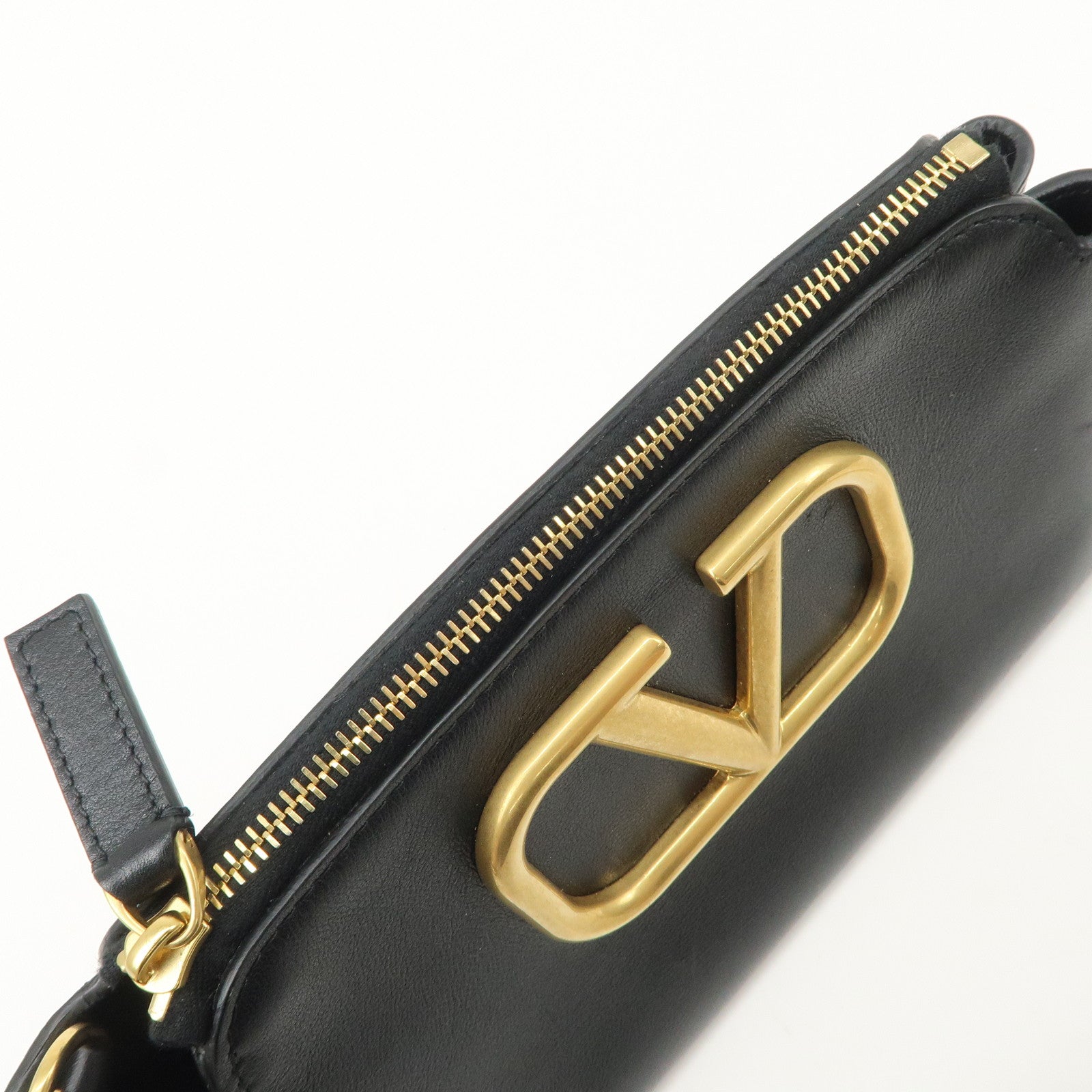 VALENTINO Leather Pouch Clutch Bag Black Gold Hardware