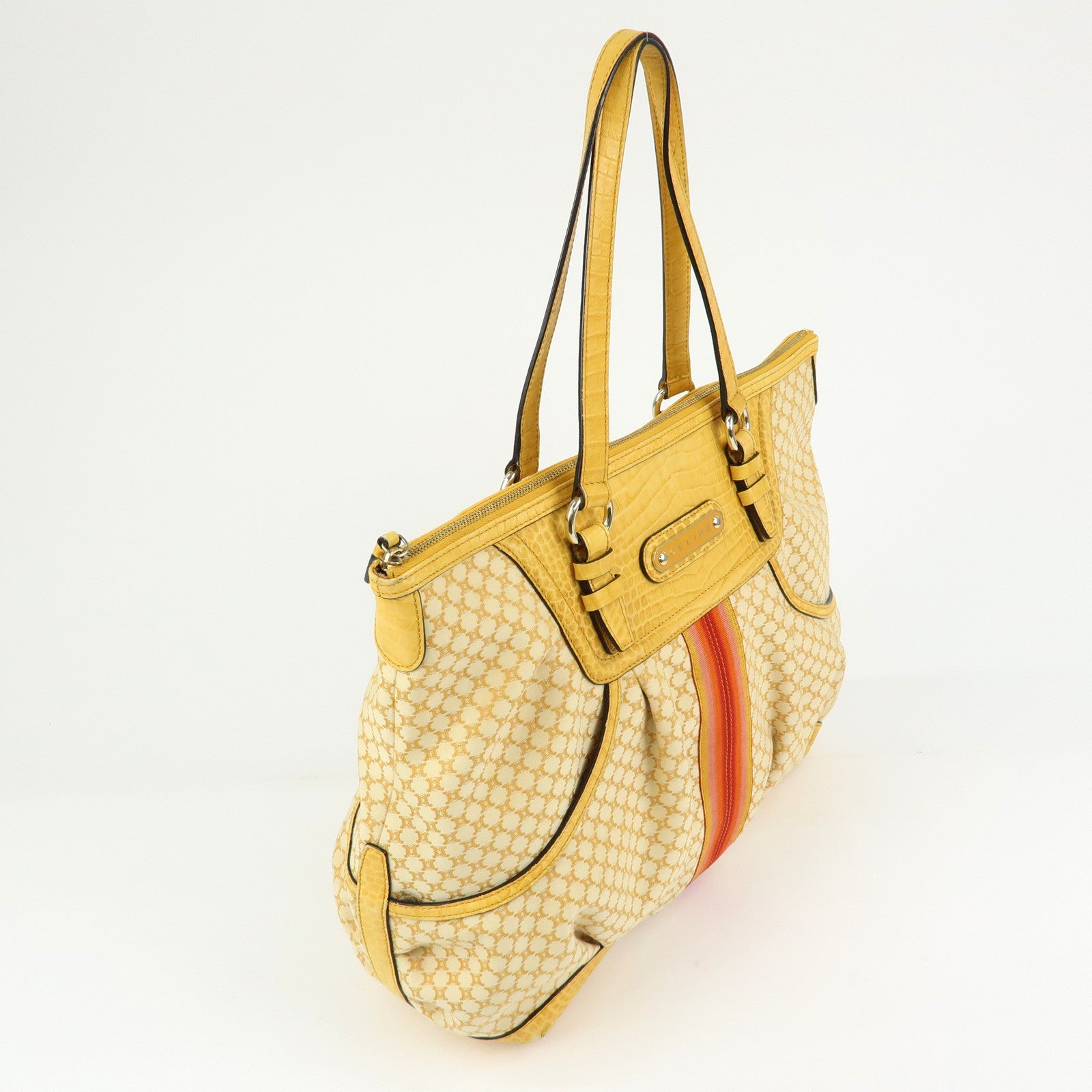 CELINE Macadam Canvas Leather Tote Bag Hand Bag Yellow Red Beige