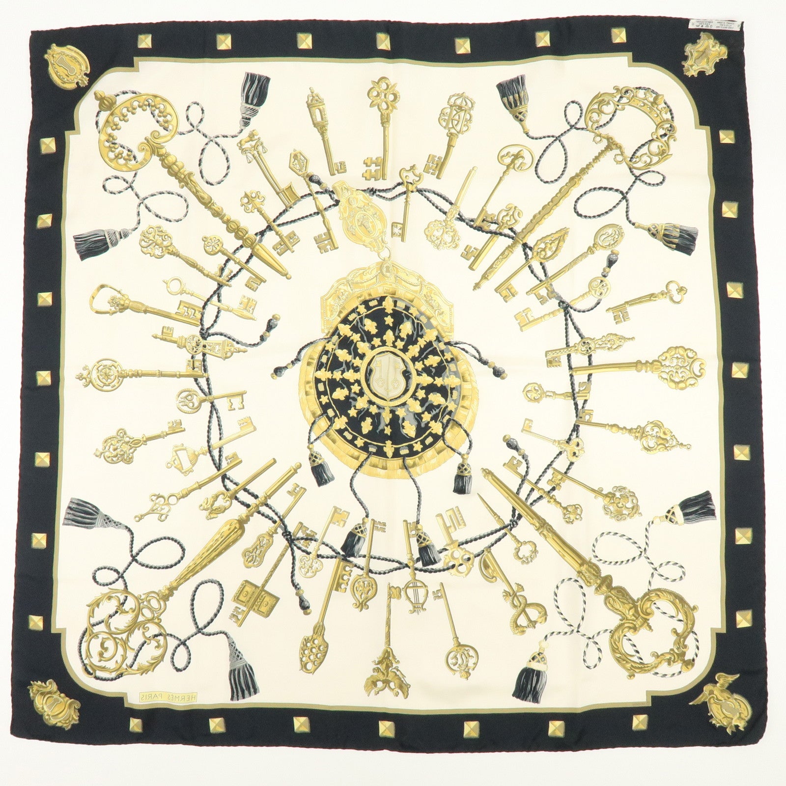 HERMES Carre 90 Silk 100% Scarf LES CLES THE KEYS RARE Black White