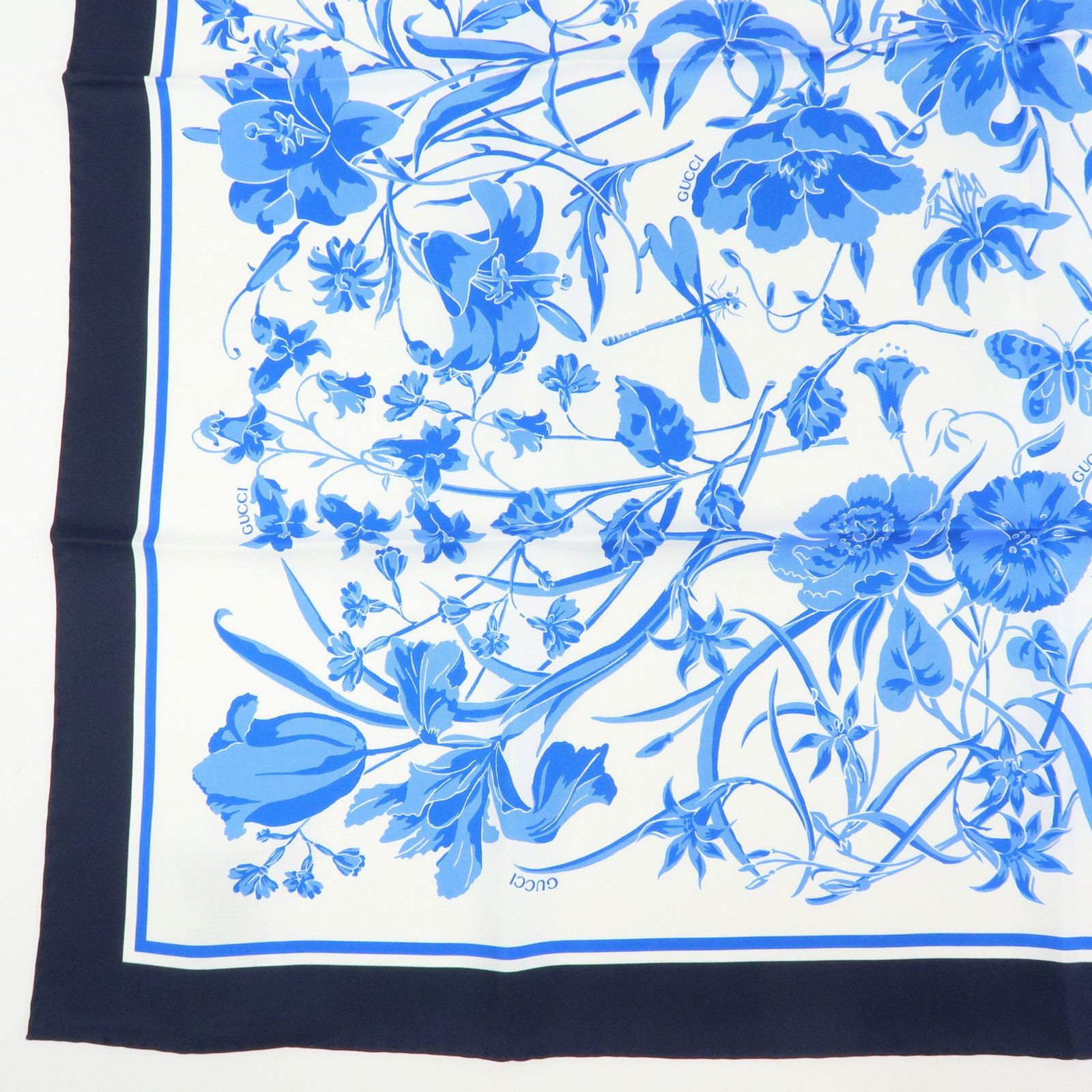 GUCCI Flora Silk 100% Scarf Flower Print Blue Navy White 786252
