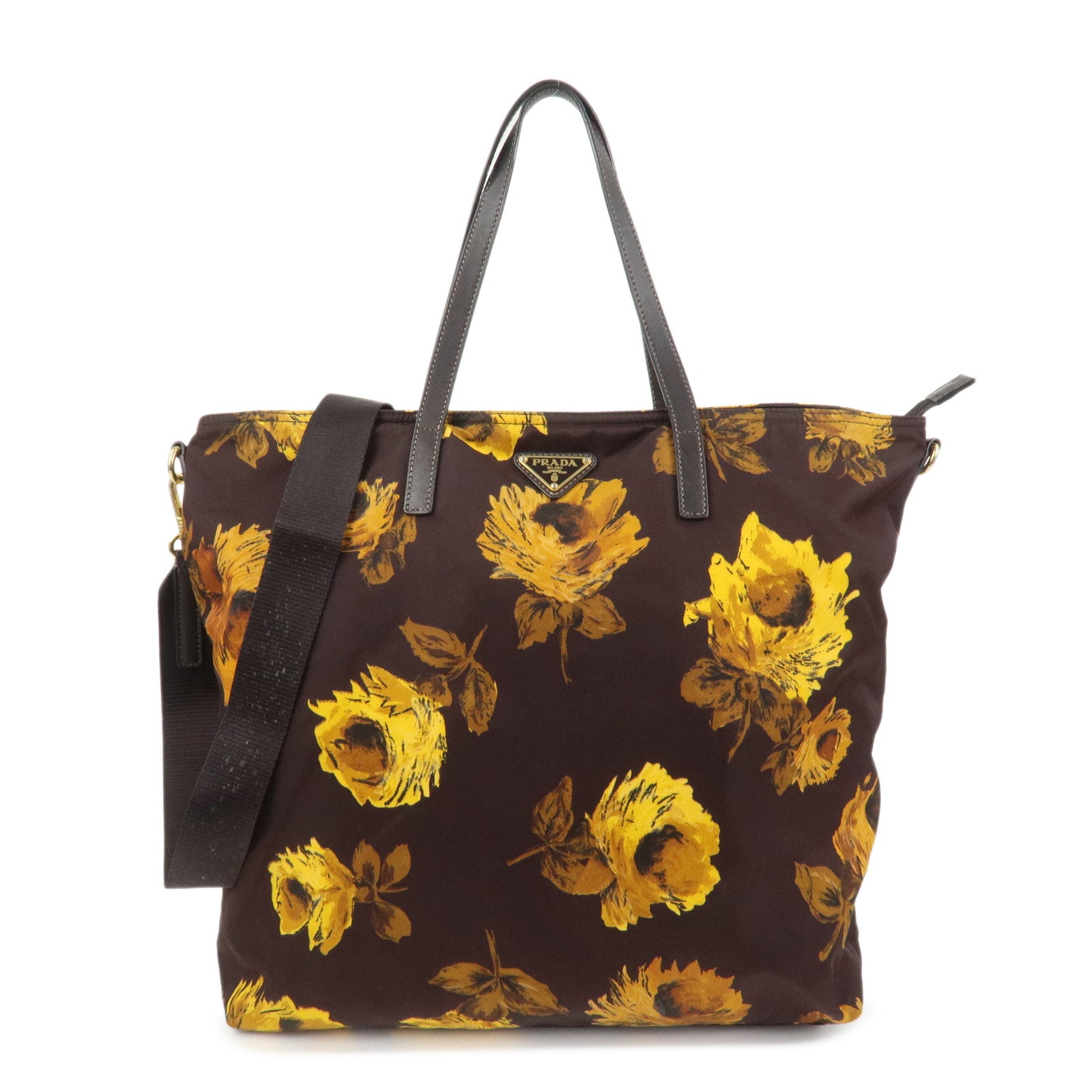 PRADA Triangle Logo Nylon Leather 2Way Shoulder Bag Flower Print