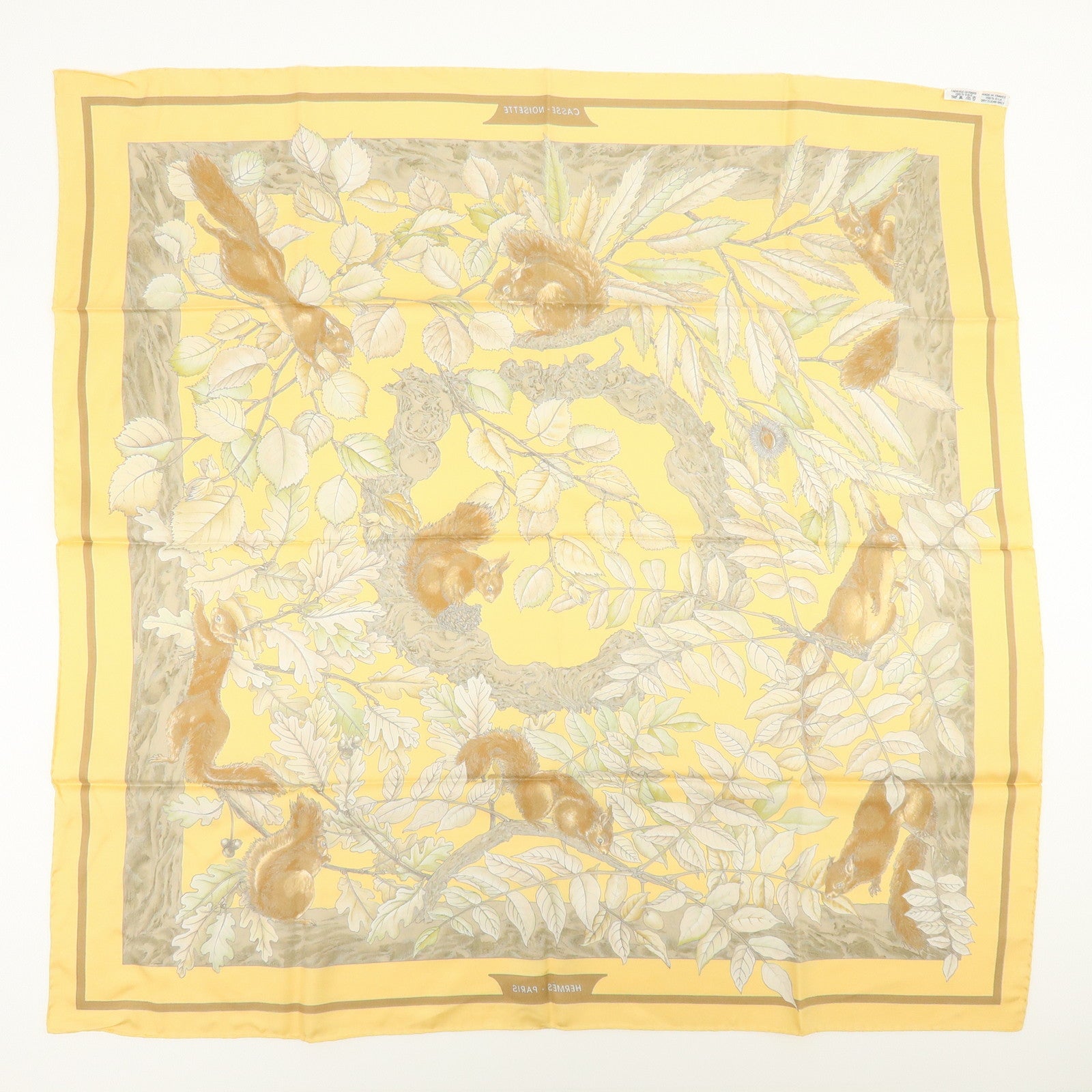 HERMES Carre 90 Silk 100% Scarf Casse Noisette Squirrel Yellow