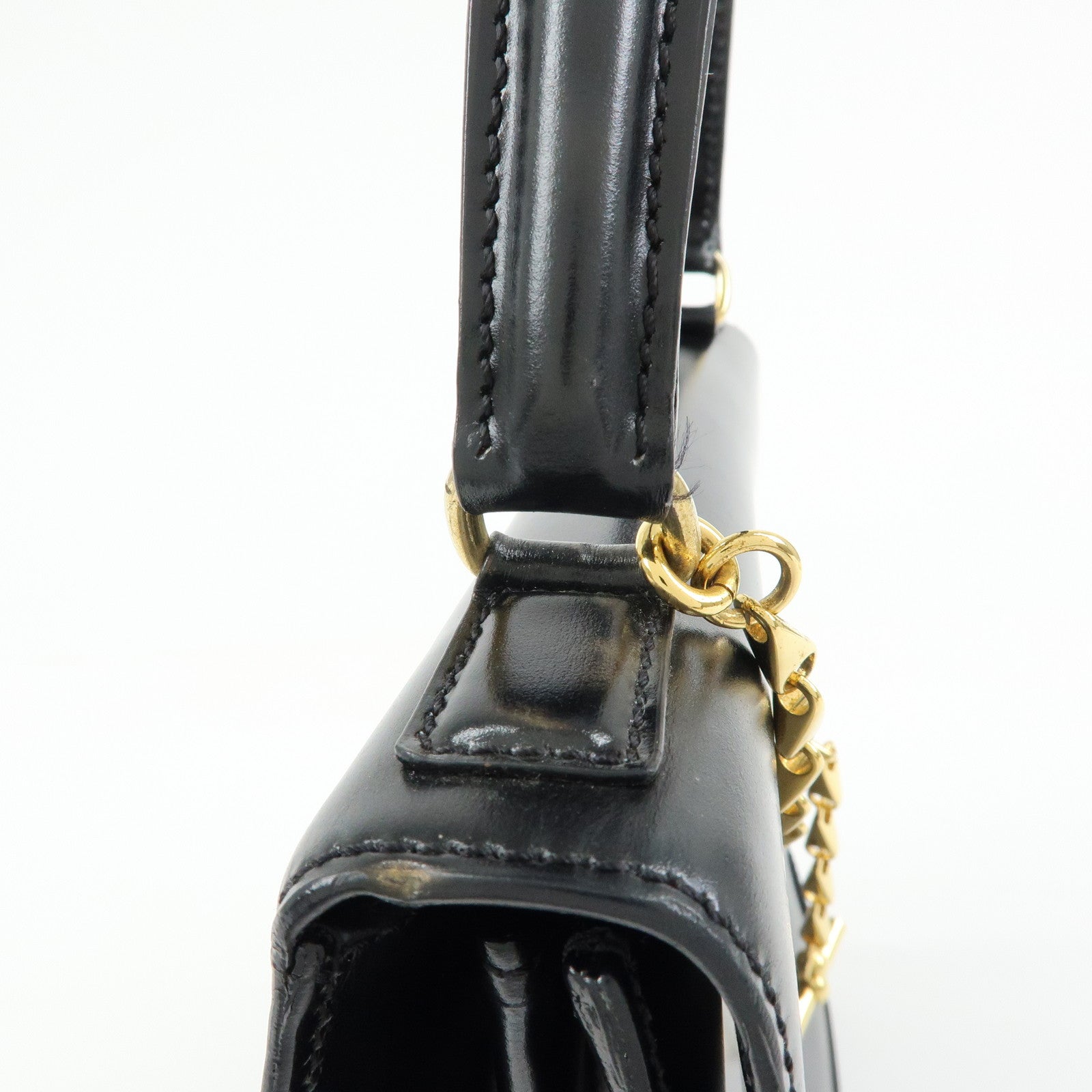 CELINE Leather Hand Bag Top-handle Bag Black Gold Chain