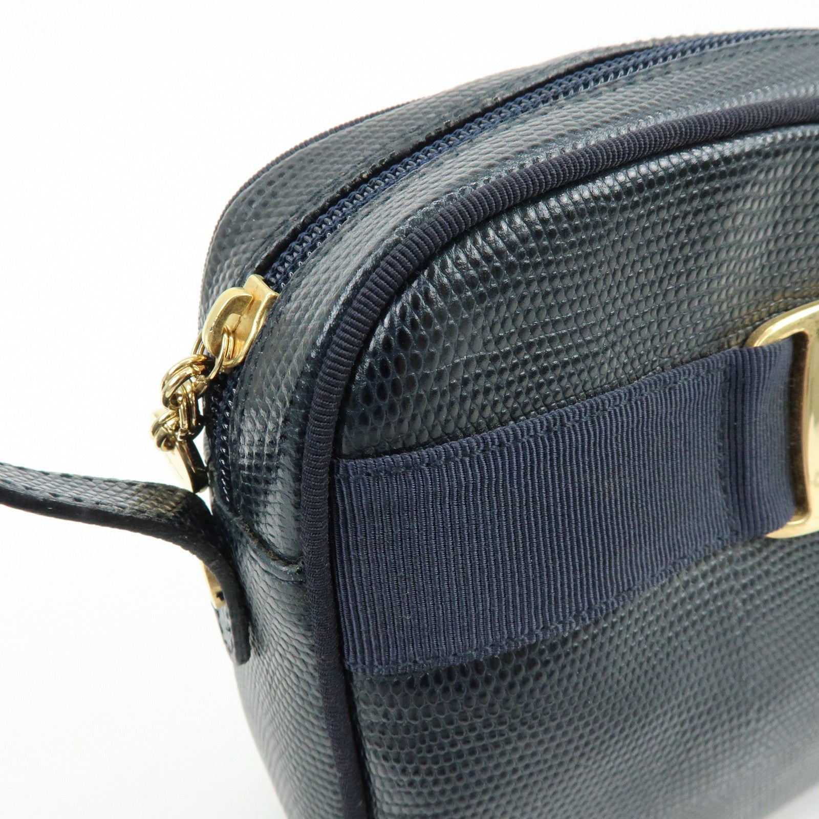 Ferragamo Vara Embossed Leather Shoulder Bag Crossbody Bag Navy