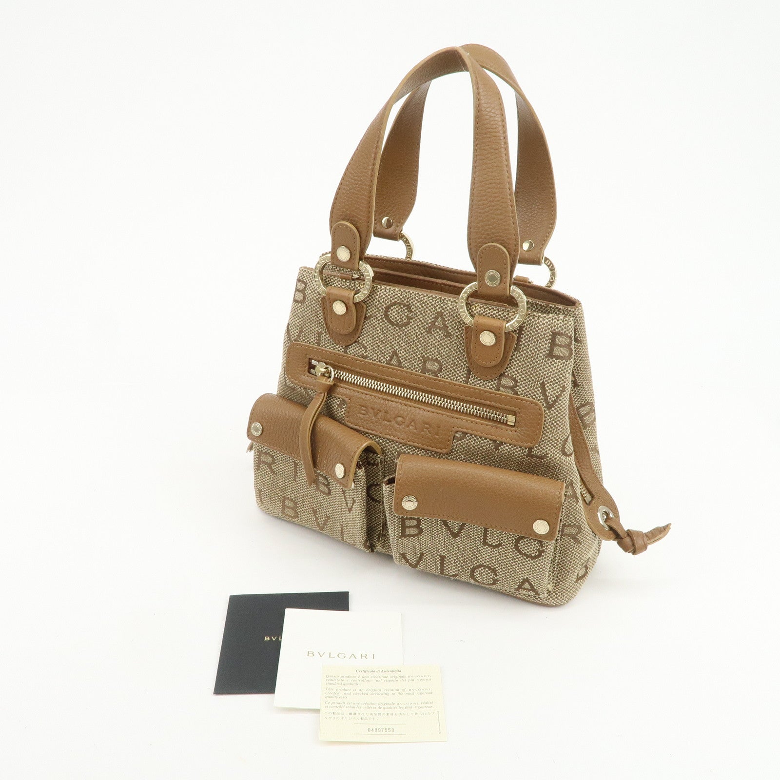 BVLGARI Logo Mania Canvas Leather Hand Bag Light Brown