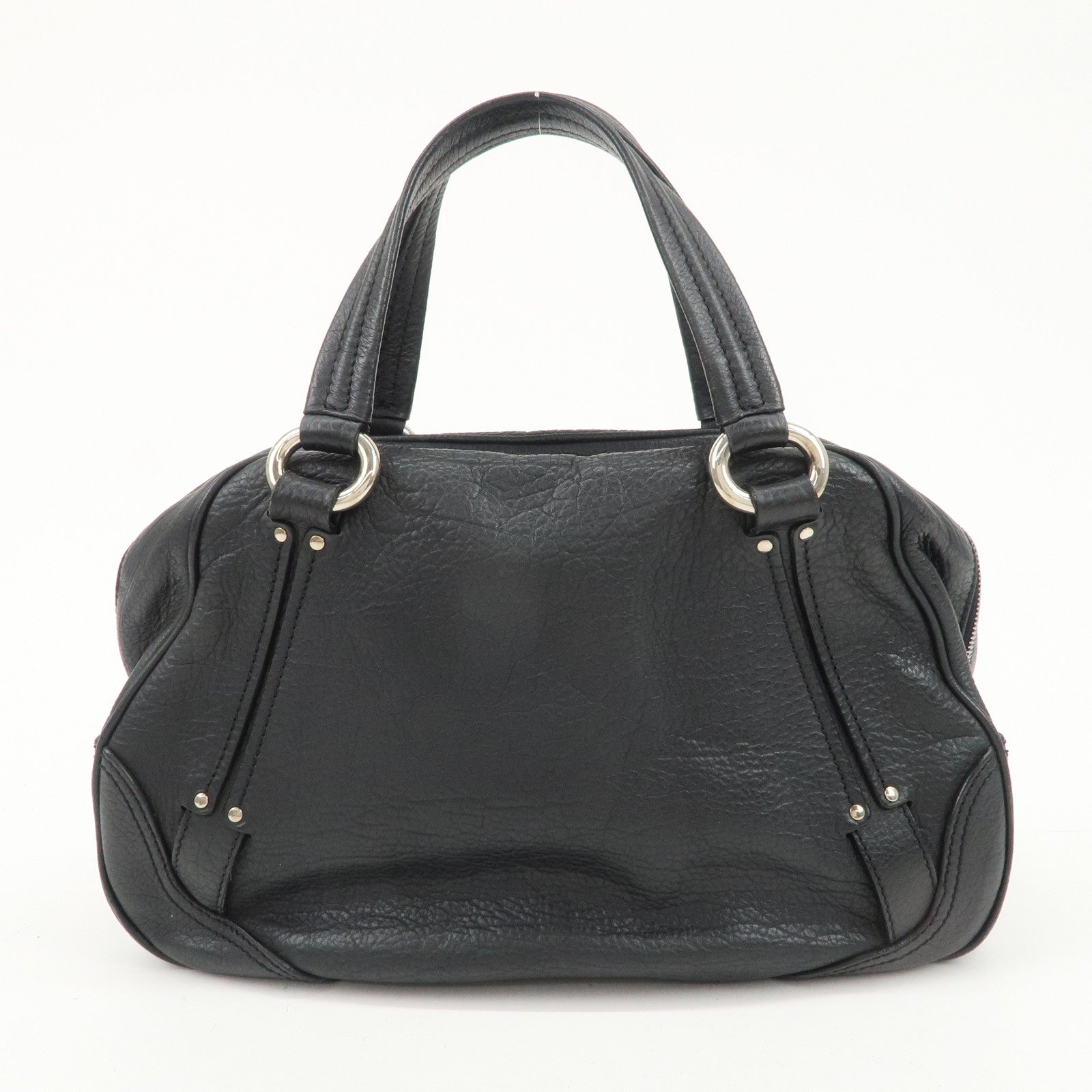 CELINE Leather Boston Bag Hand Bag Black Silver Hardware Used