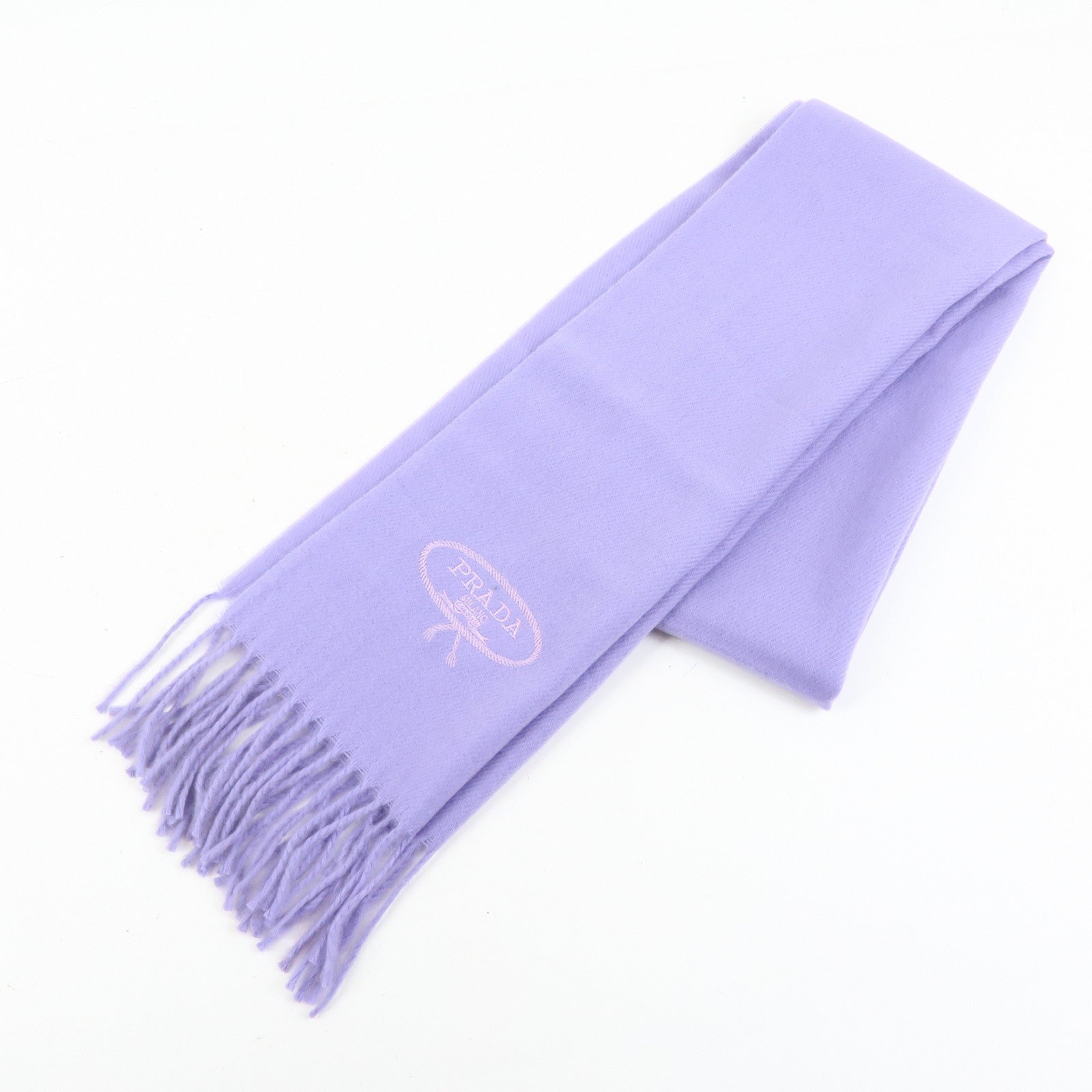 PRADA Cashmere 100% Stole Logo Embroidered Fringe Purple