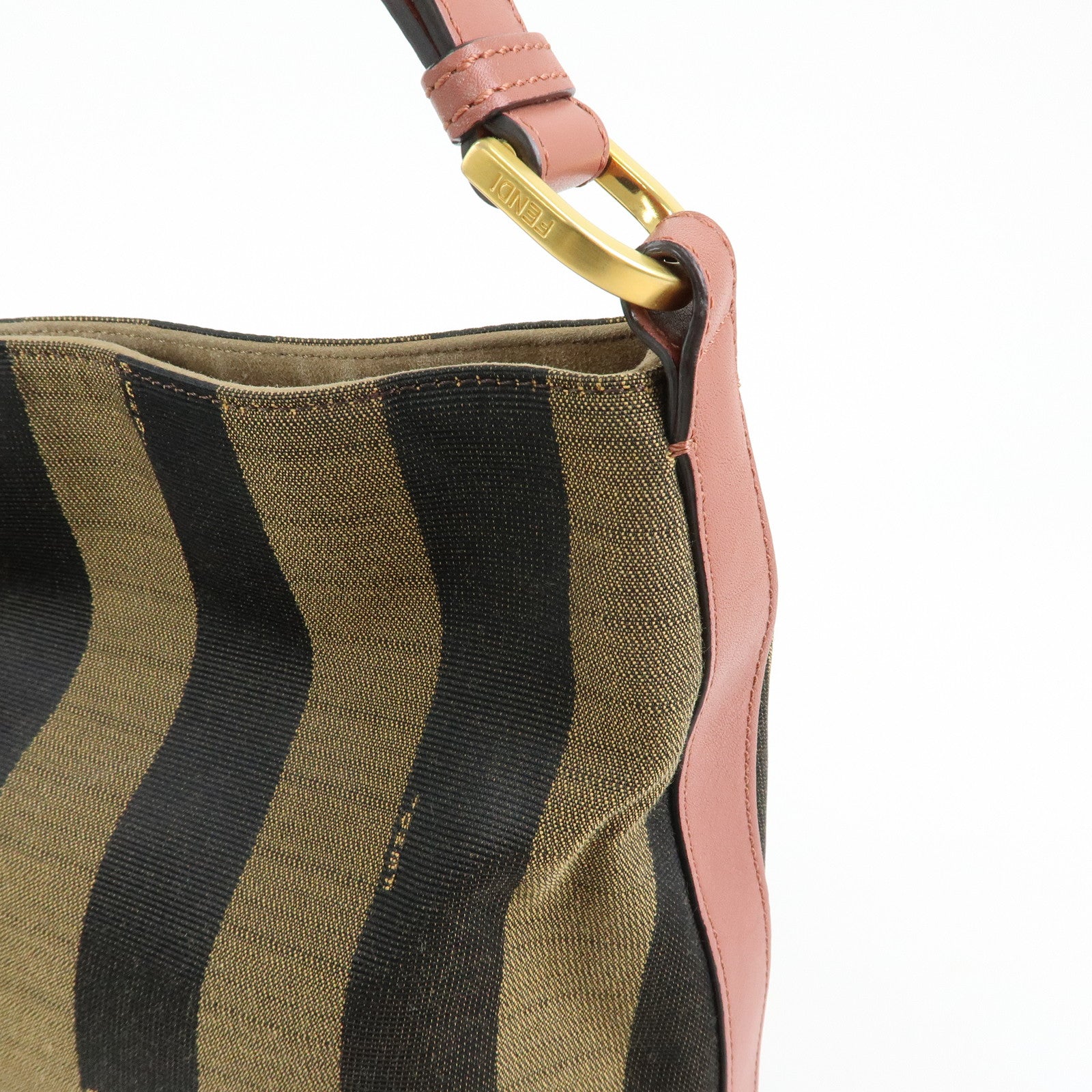 FENDI Pequin Canvas Leather Shoulder Bag Brown Pink 8BR669