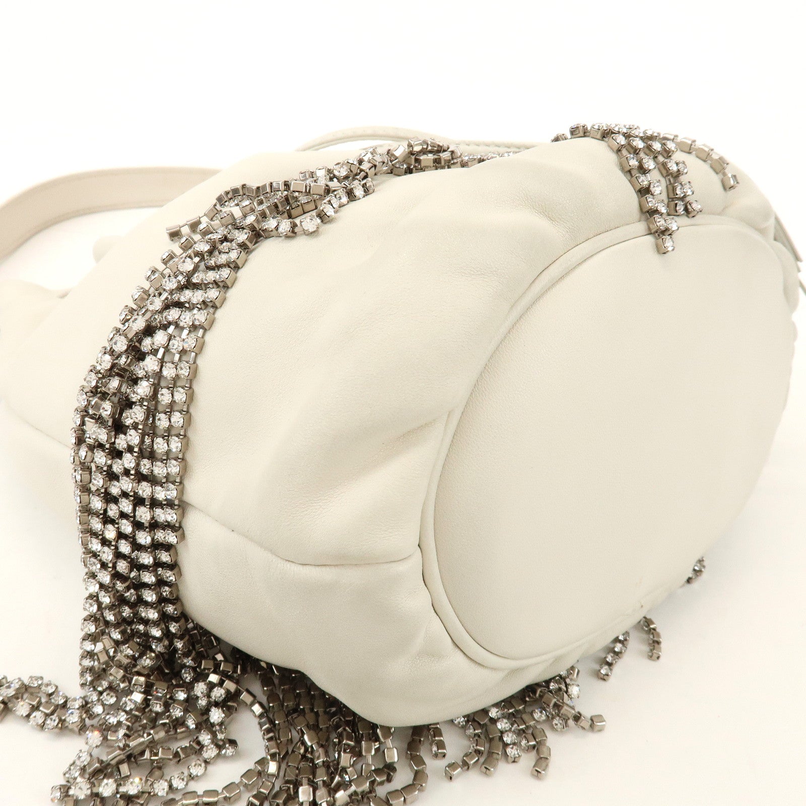 MIU MIU Logo Nappa Leather Strass Fringe 2Way Bag White 5BE014