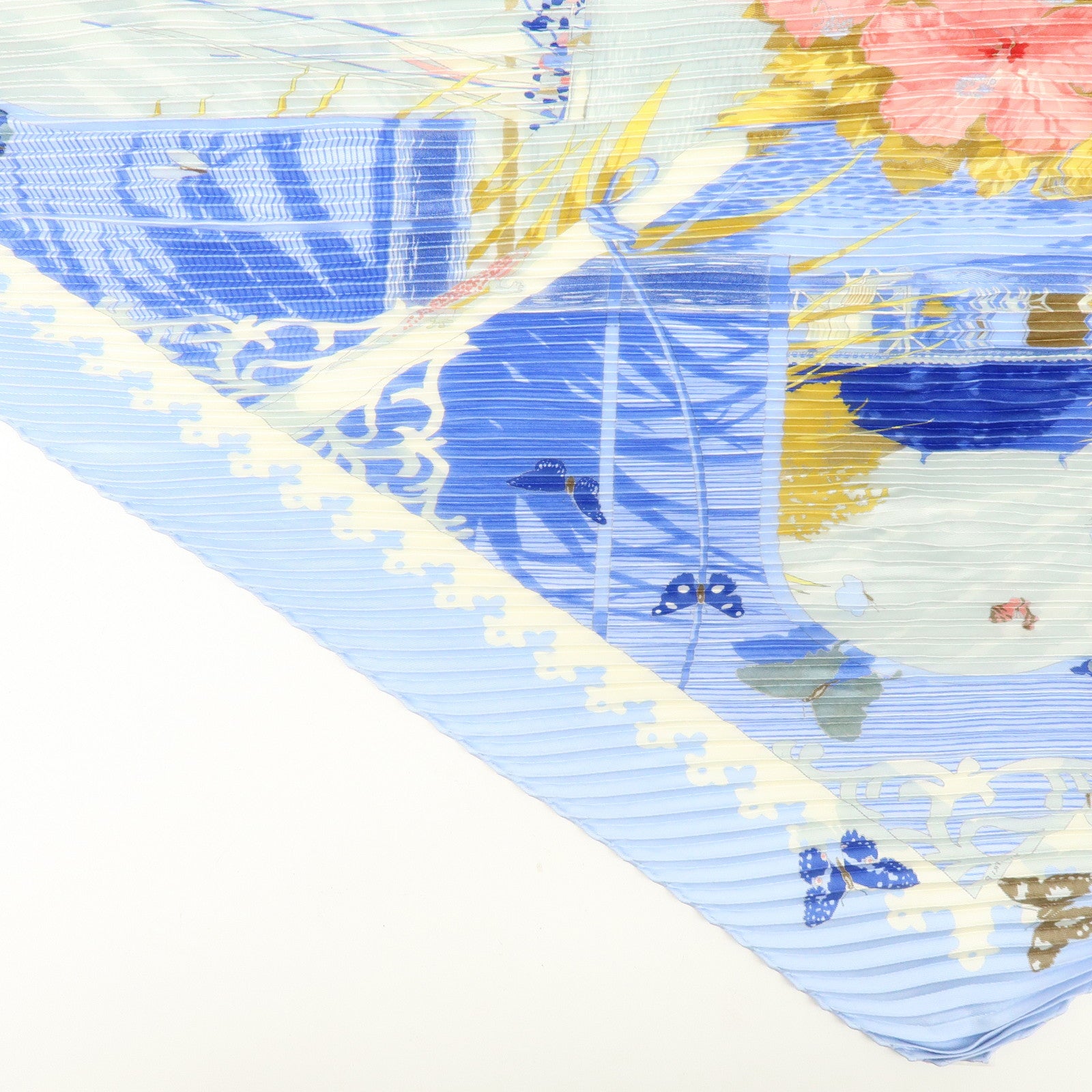 HERMES Pleats Carre Silk 100% Scarf VARANGUES Blue Pink