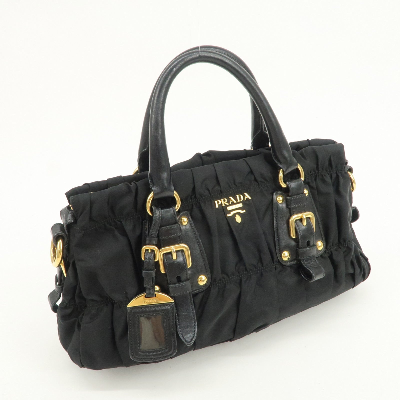 PRADA Nylon Leather Gathered 2Way Hand Shoulder Bag Black BN1407