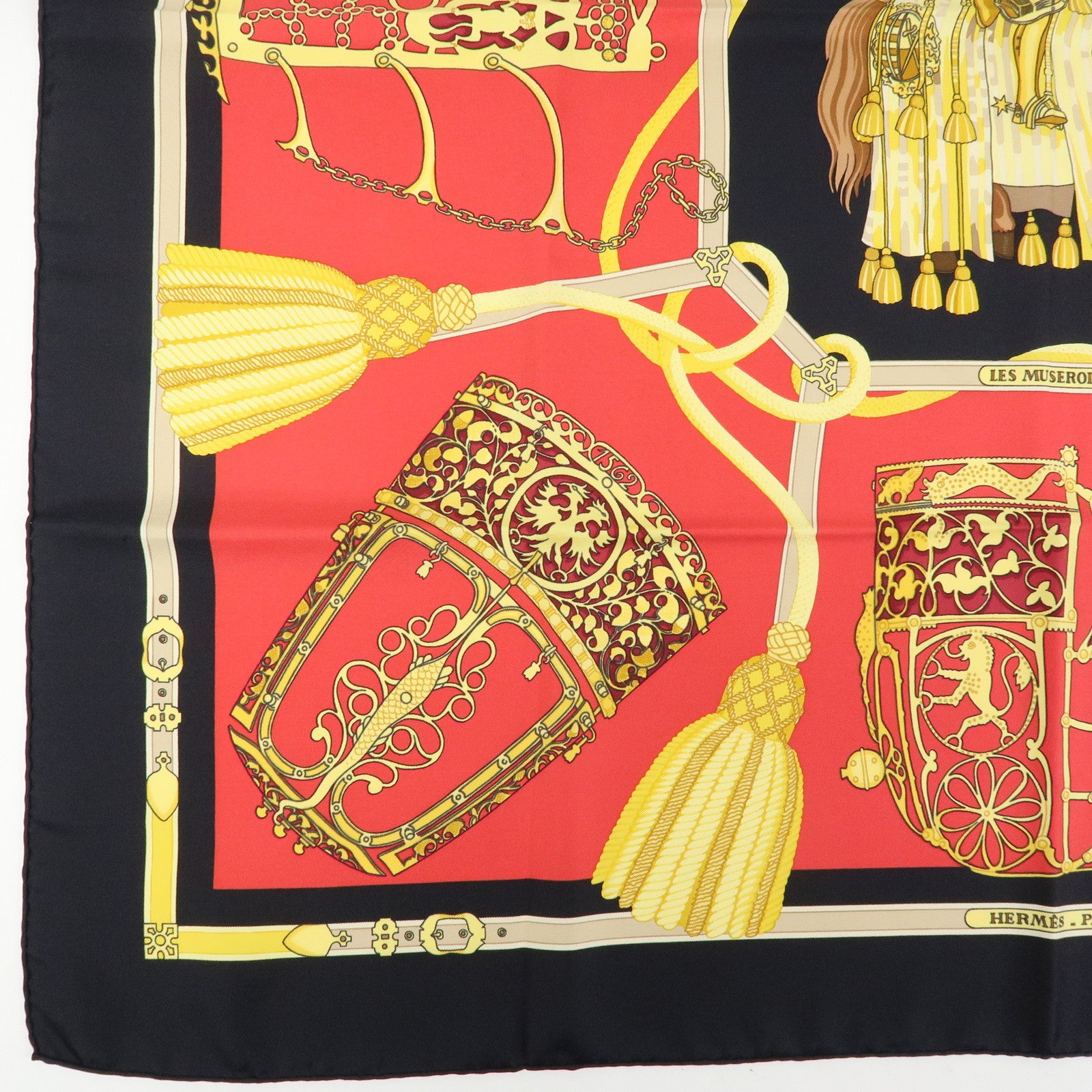 HERMES Carre 90 Silk 100% Scarf LES MUSEROLLES Black Red Gold