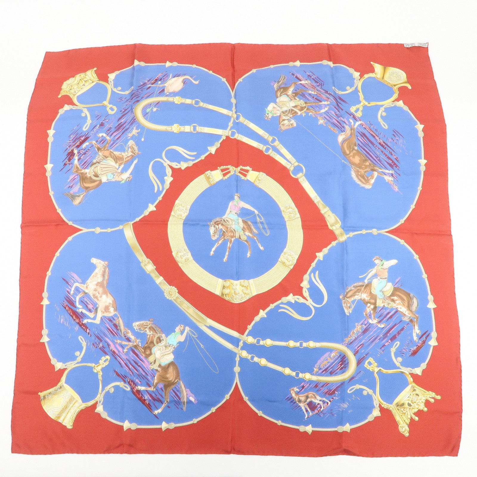 HERMES Carre 90 Silk 100% Scarf Pampa Blue Red