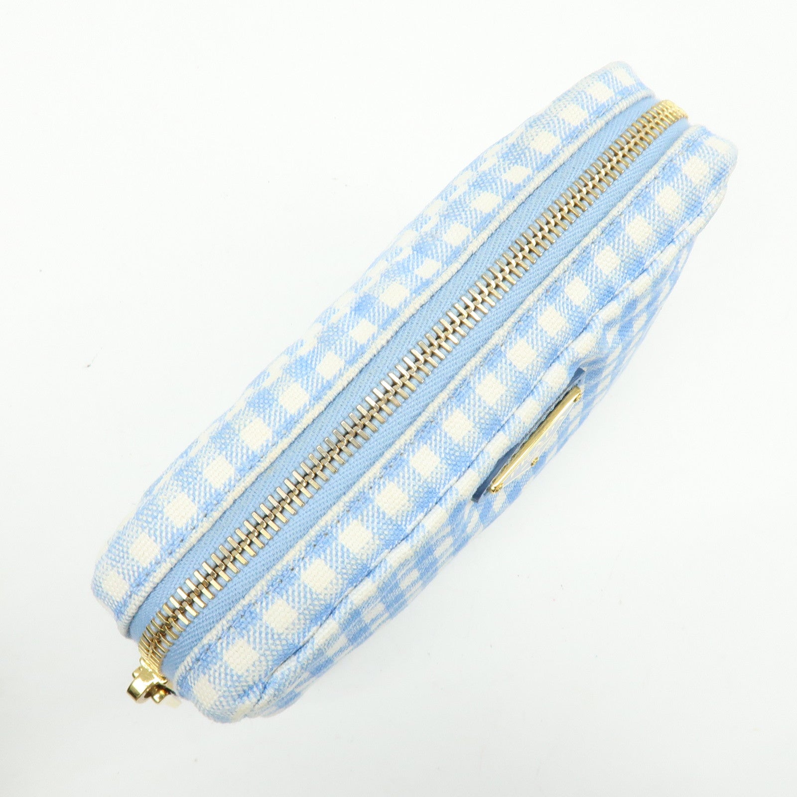 PRADA Triangle Logo Canvas Gingham Pattern Pouch Blue 1NA021