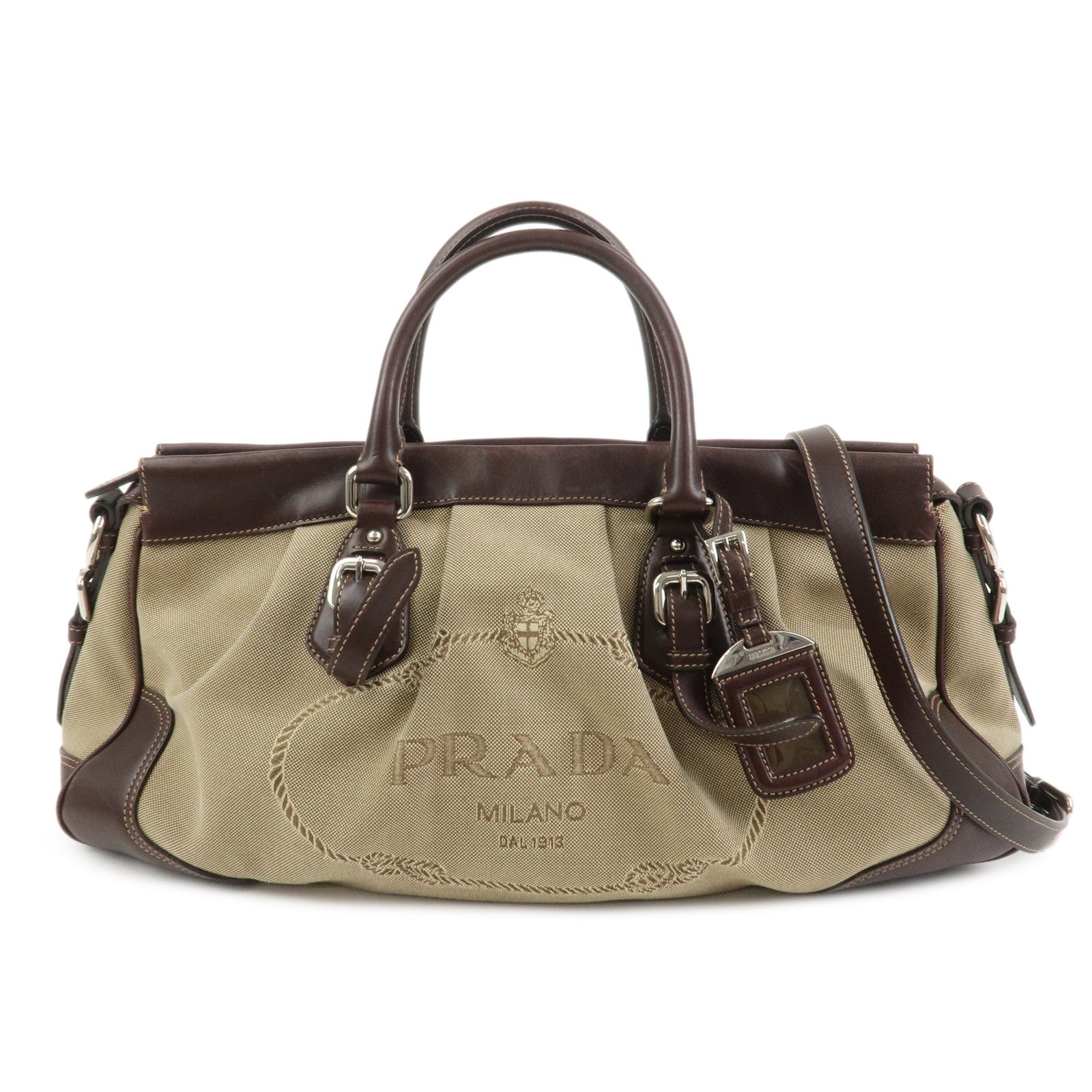 PRADA Logo Canvas Leather 2Way Bag Shoulder Bag Hand Bag Brown