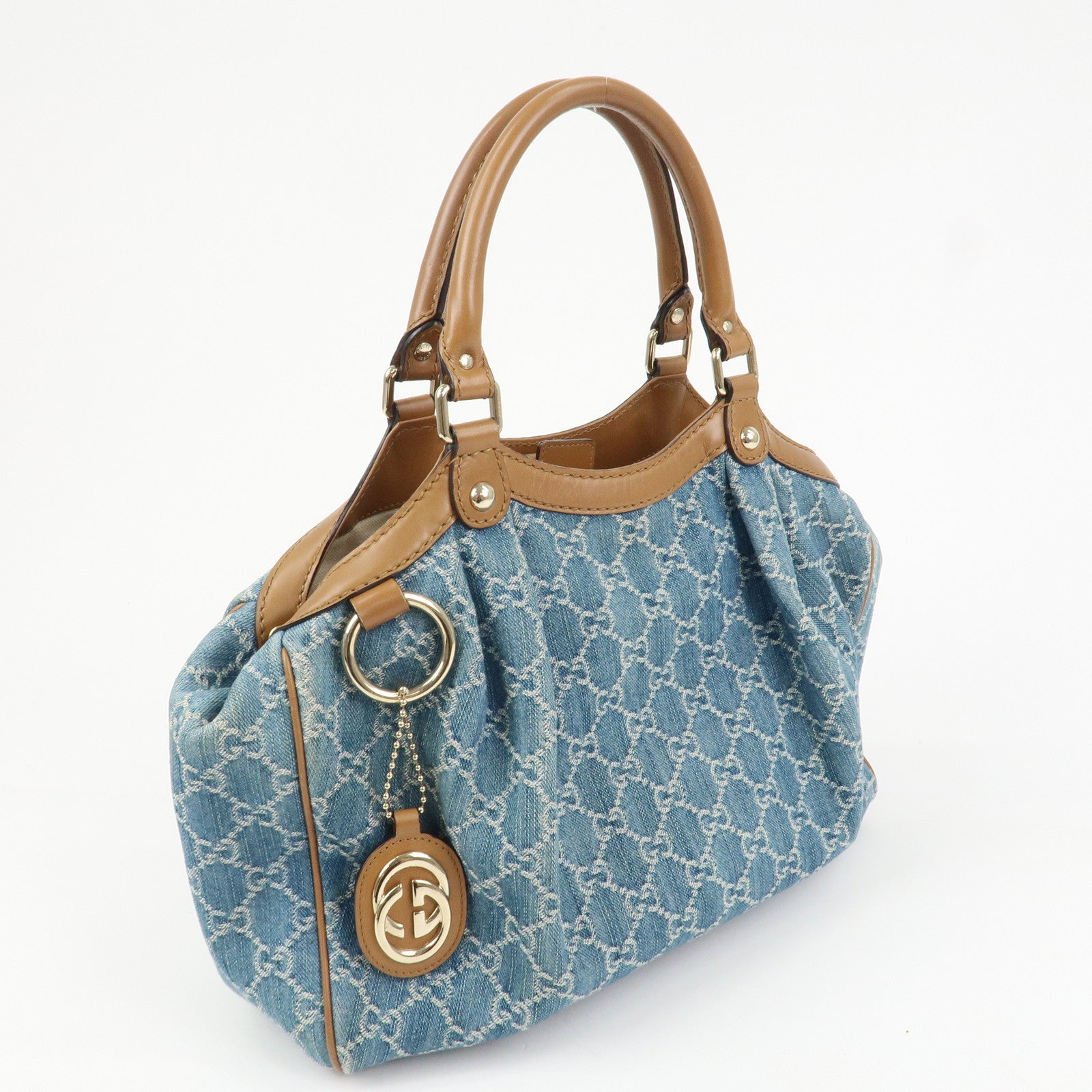 GUCCI Sukey GG Denim Leather Tote Bag Hand Bag Blue Brown 211944