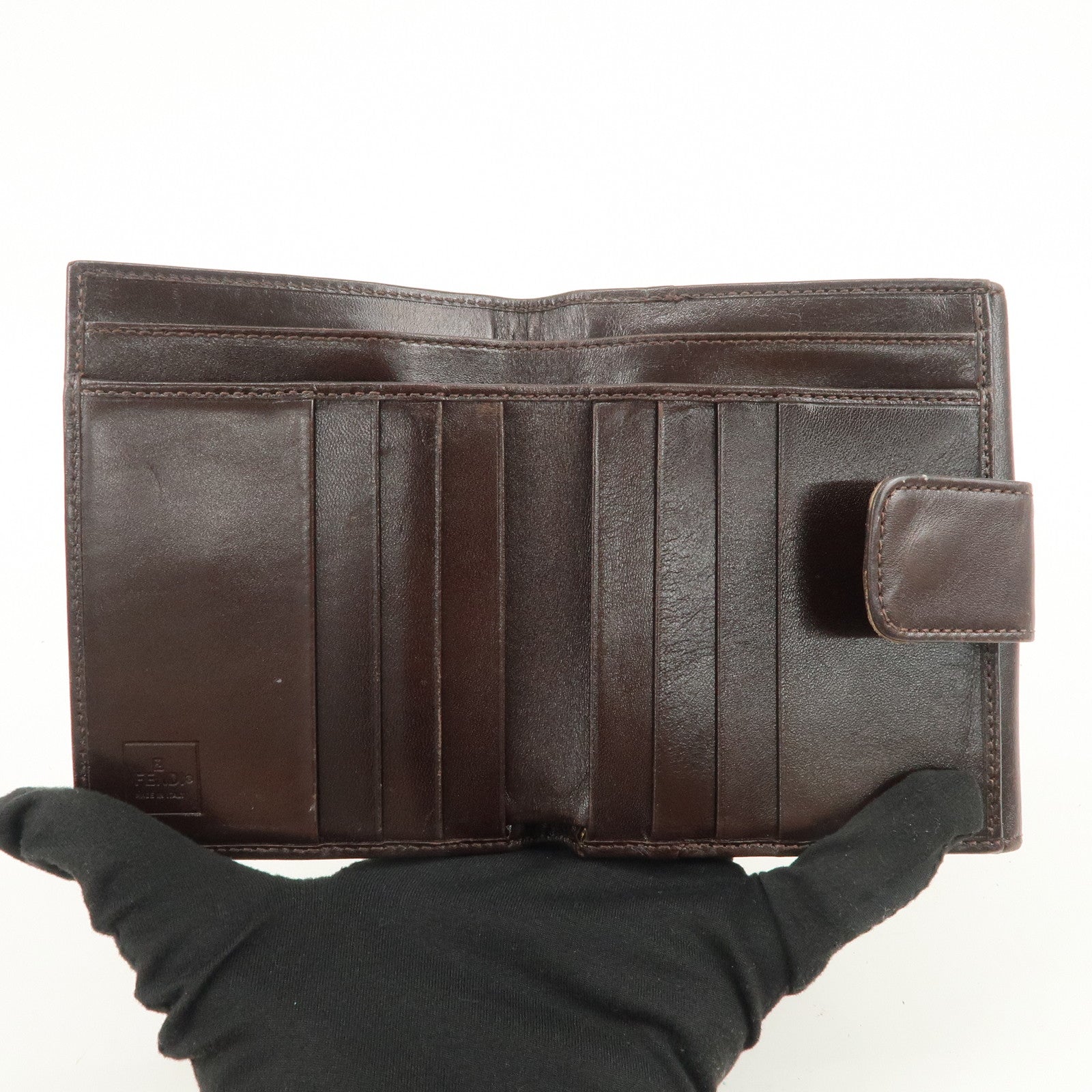 FENDI Zucca Logo Canvas Leather Compact Wallet Brown 12671