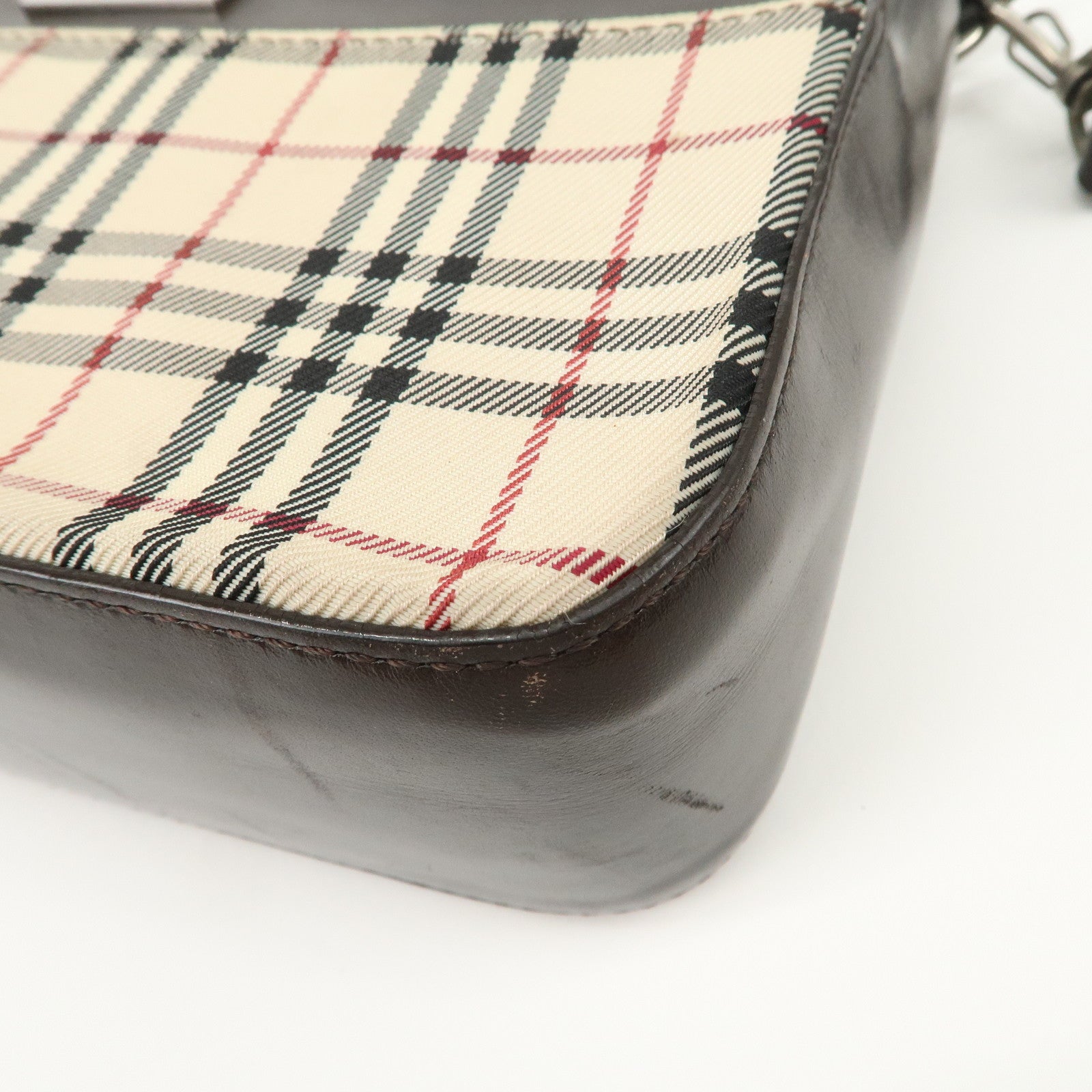 BURBERRY Leather Canvas Shoulder Bag Nova Plaid Brown
