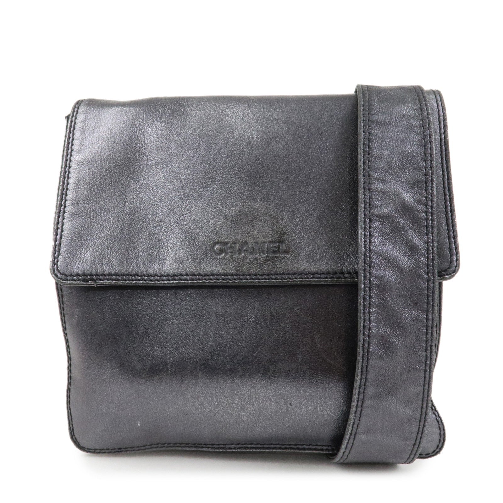 CHANEL Leather Shoulder Bag Crossbody Bag Metallic Gray