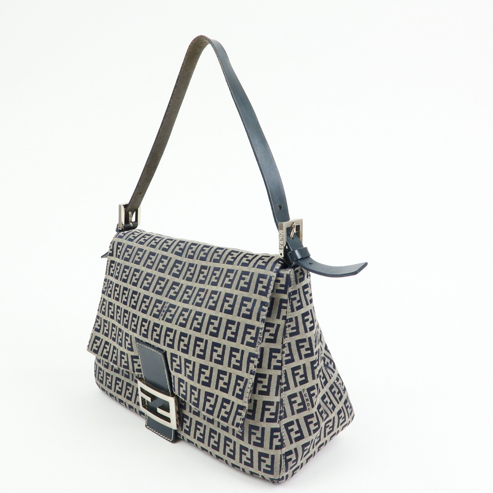 FENDI Mamma Baguette Zucchino Canvas Shoulder Bag Navy 26325