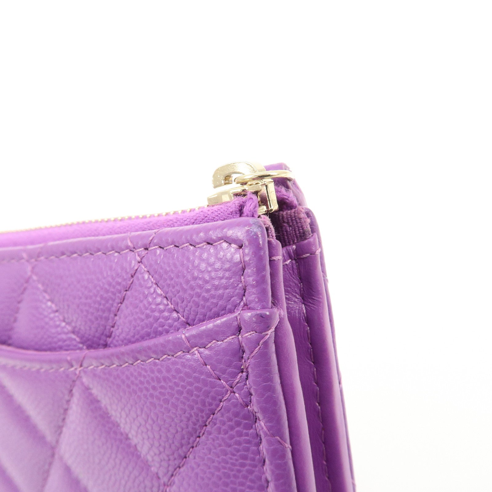 CHANEL Matelasse COCO Mark Caviar Skin Round Zippy Coin Purse Purple Used