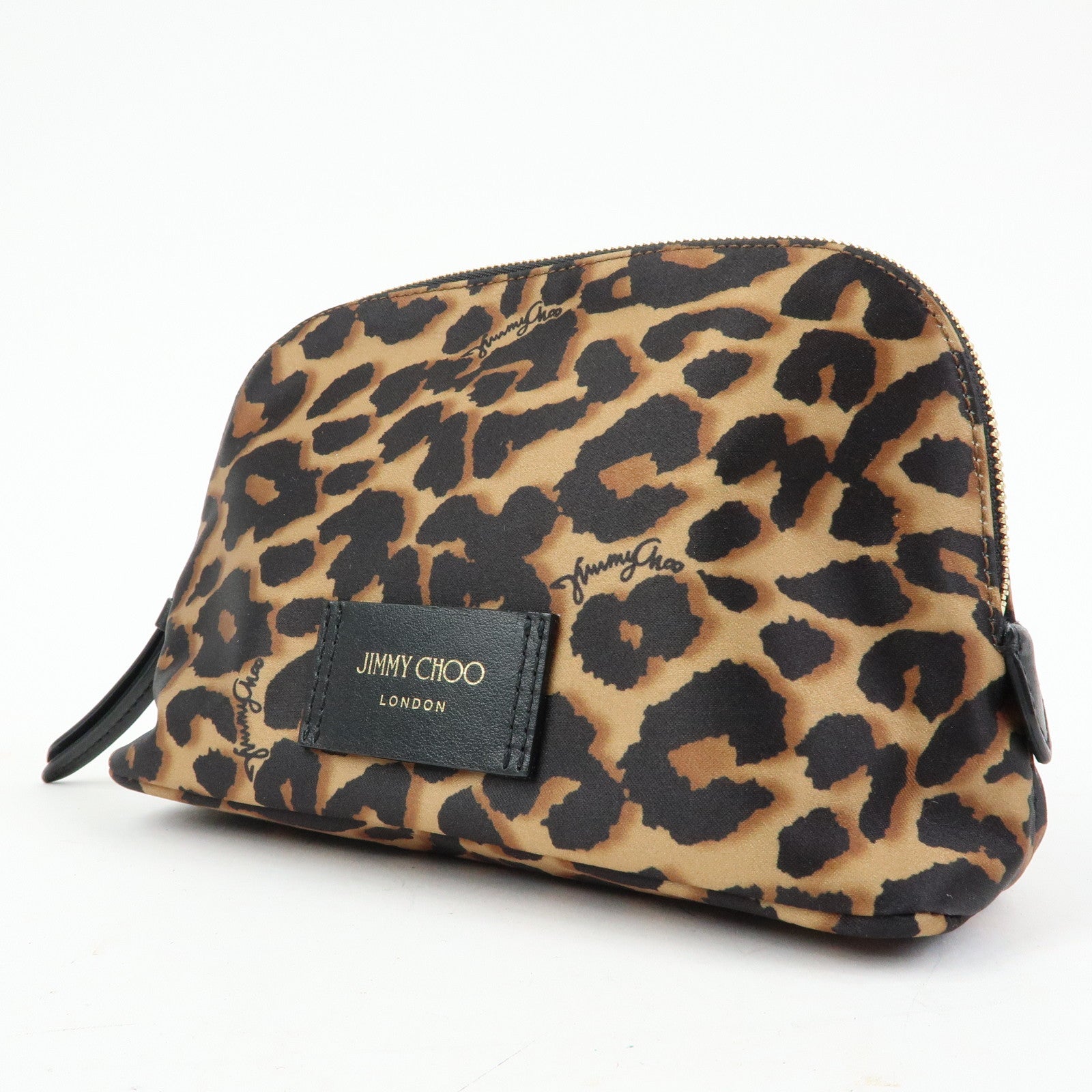 JIMMY CHOO Nylon Leather Leopard Clutch Pouch Makeup Bag Brown