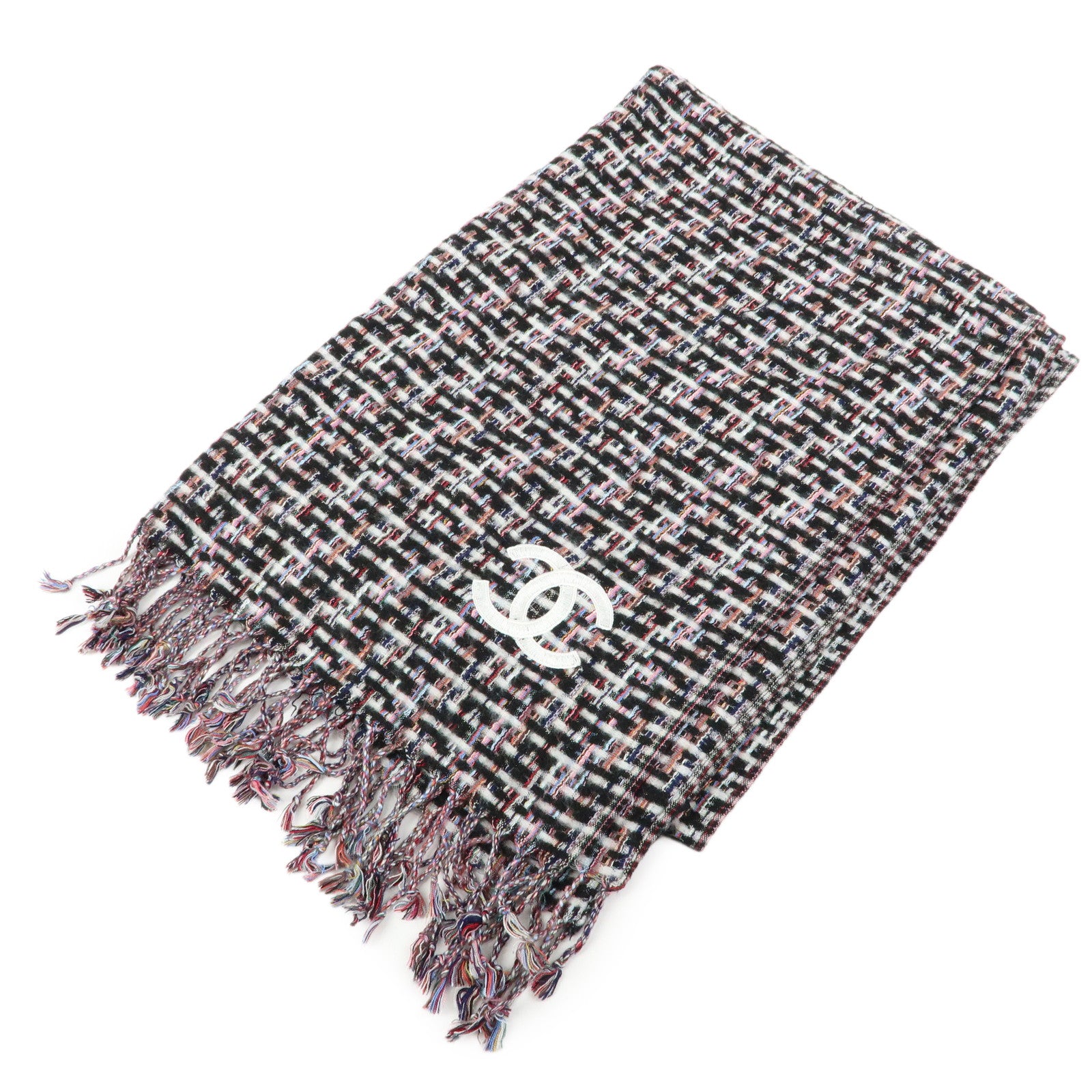 CHANEL COCO Mark Cashmere Silk Scarf Multicolor Black White