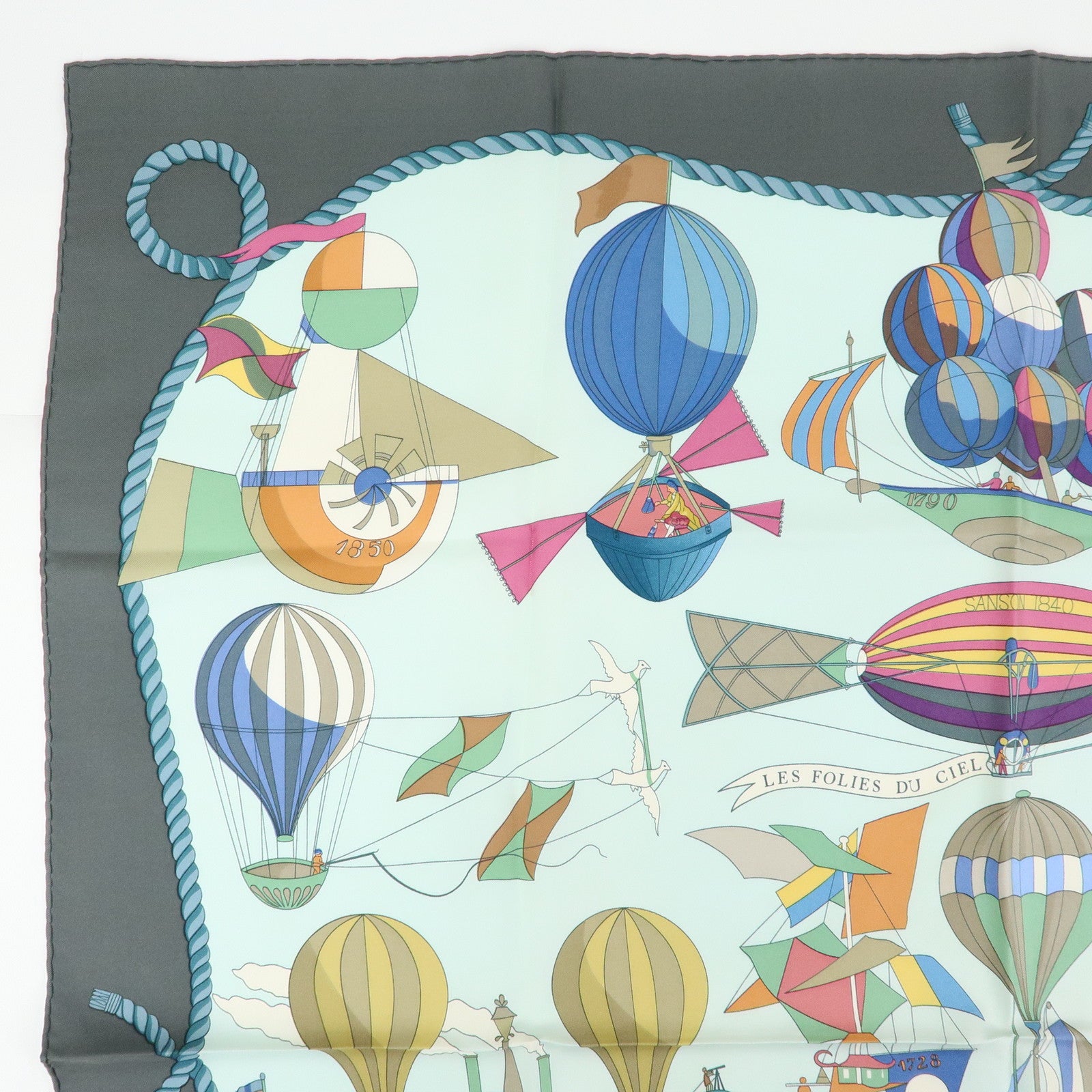 HERMES Carre 90 Silk 100% Scarf LES FOLIES DU CIEL Light Green Gray