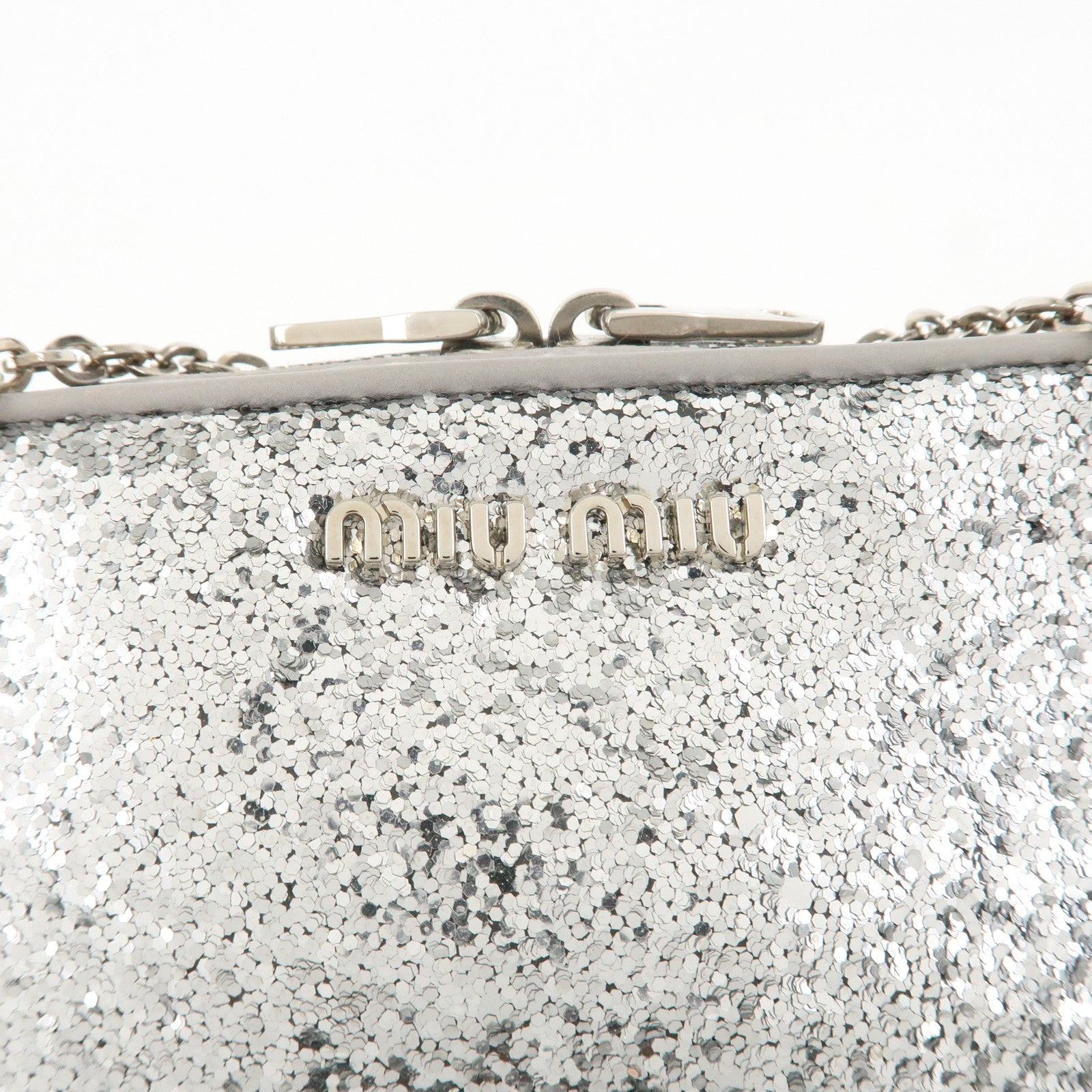 MIU MIU Leather Glitter Pouch Cosmetic Pouch Silver 5ND001 Used