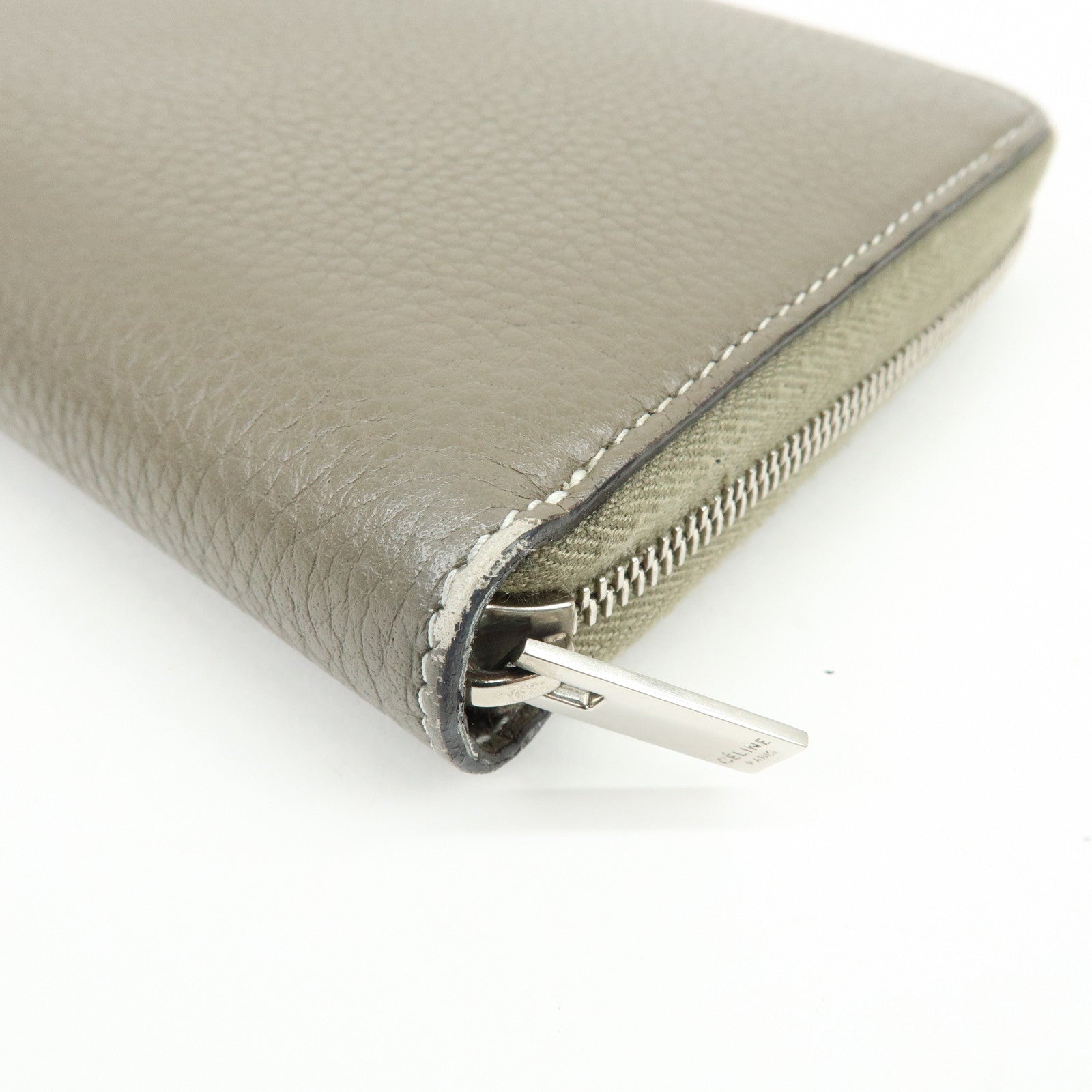 CELINE Logo Claf Leather Round Zippy Long Wallet Greige Beige
