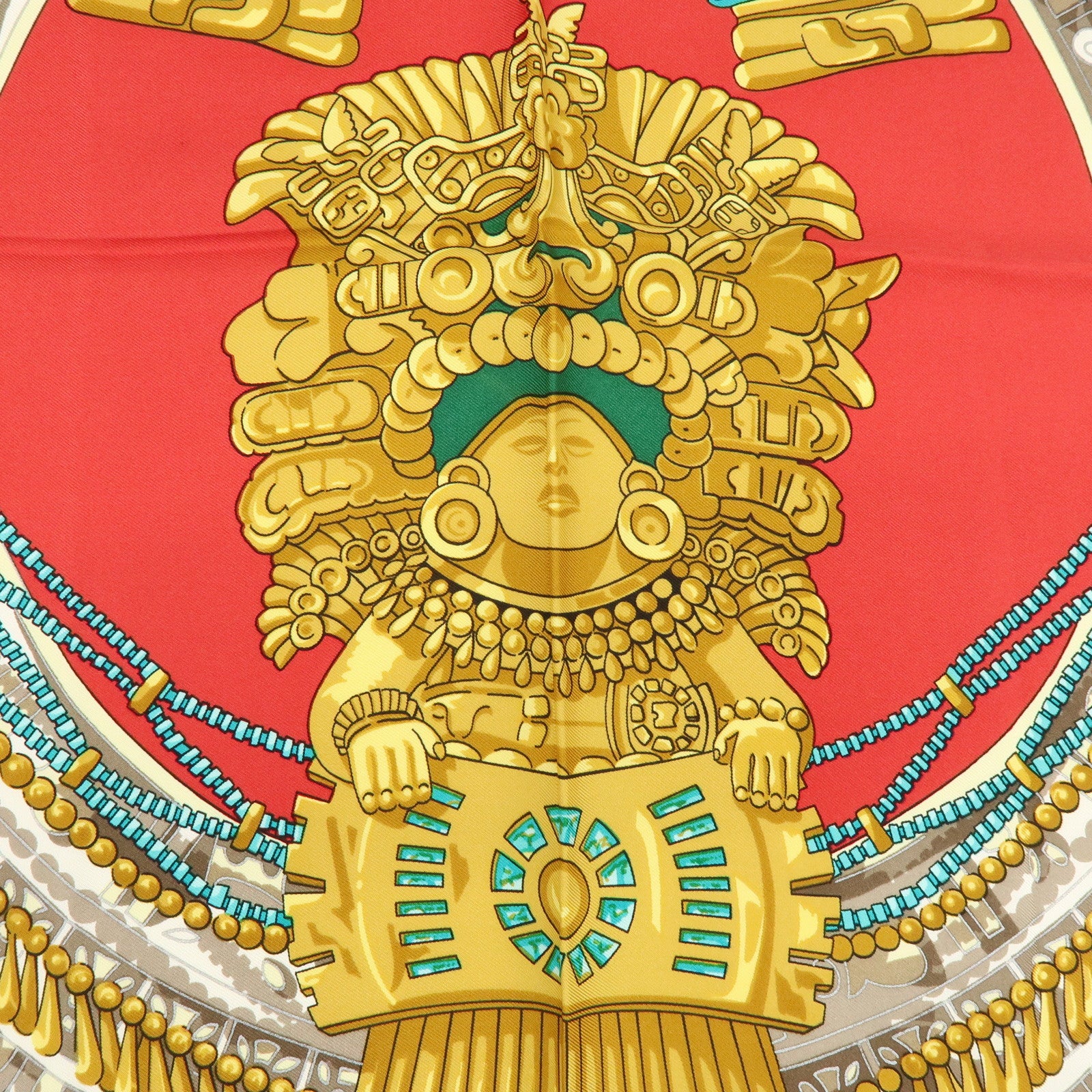 HERMES Carre 90 Silk 100% Scarf MEXIQUE Red Gold Blue