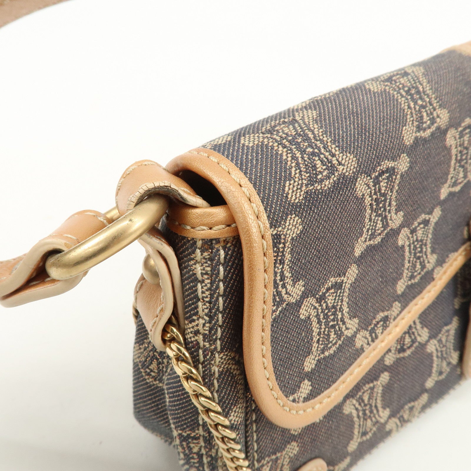 CELINE Macadam Denim Leather Shoulder Bag Metalic Pink Beige Navy