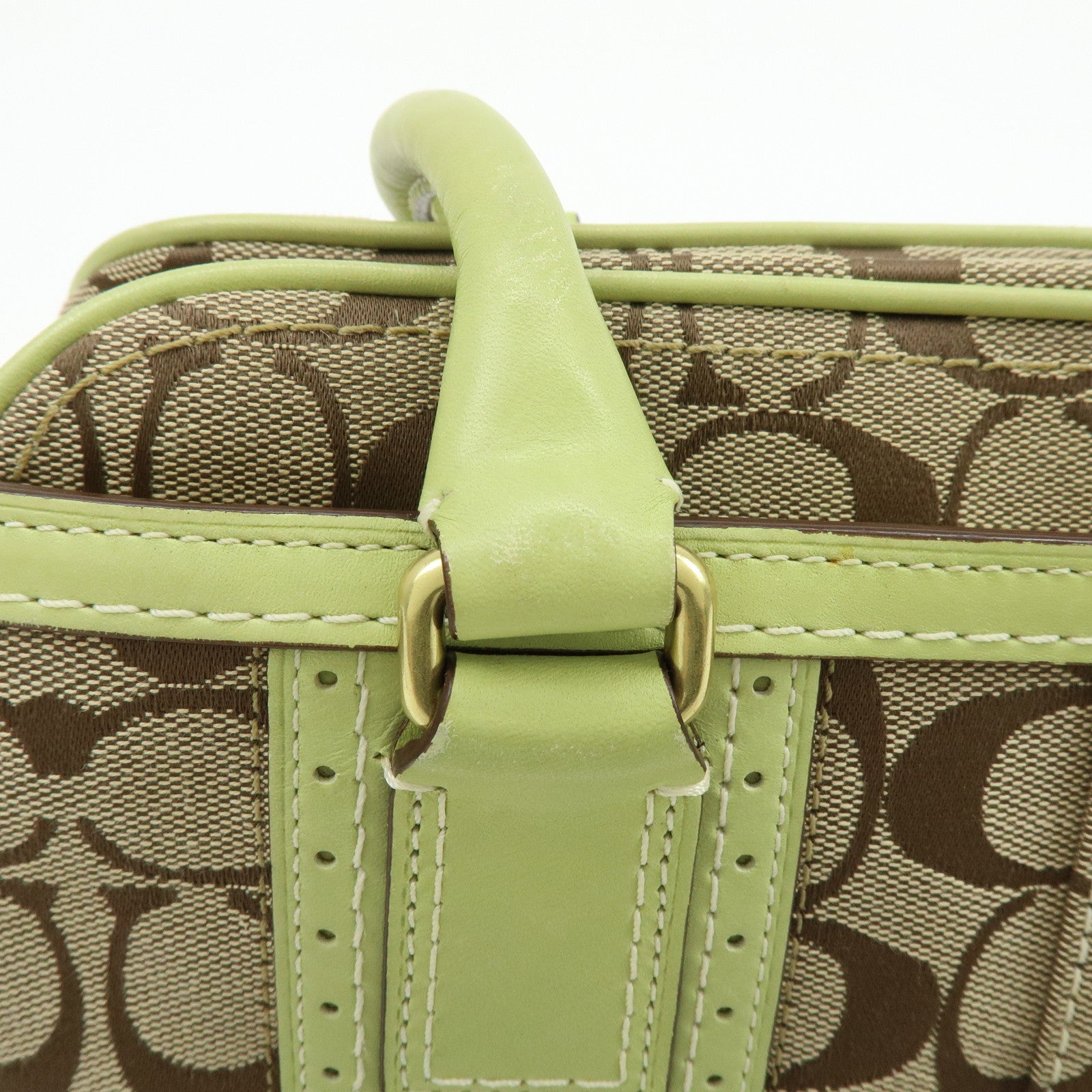 COACH Signature Canvas Leather Boston Hand Bag Light Brown Green