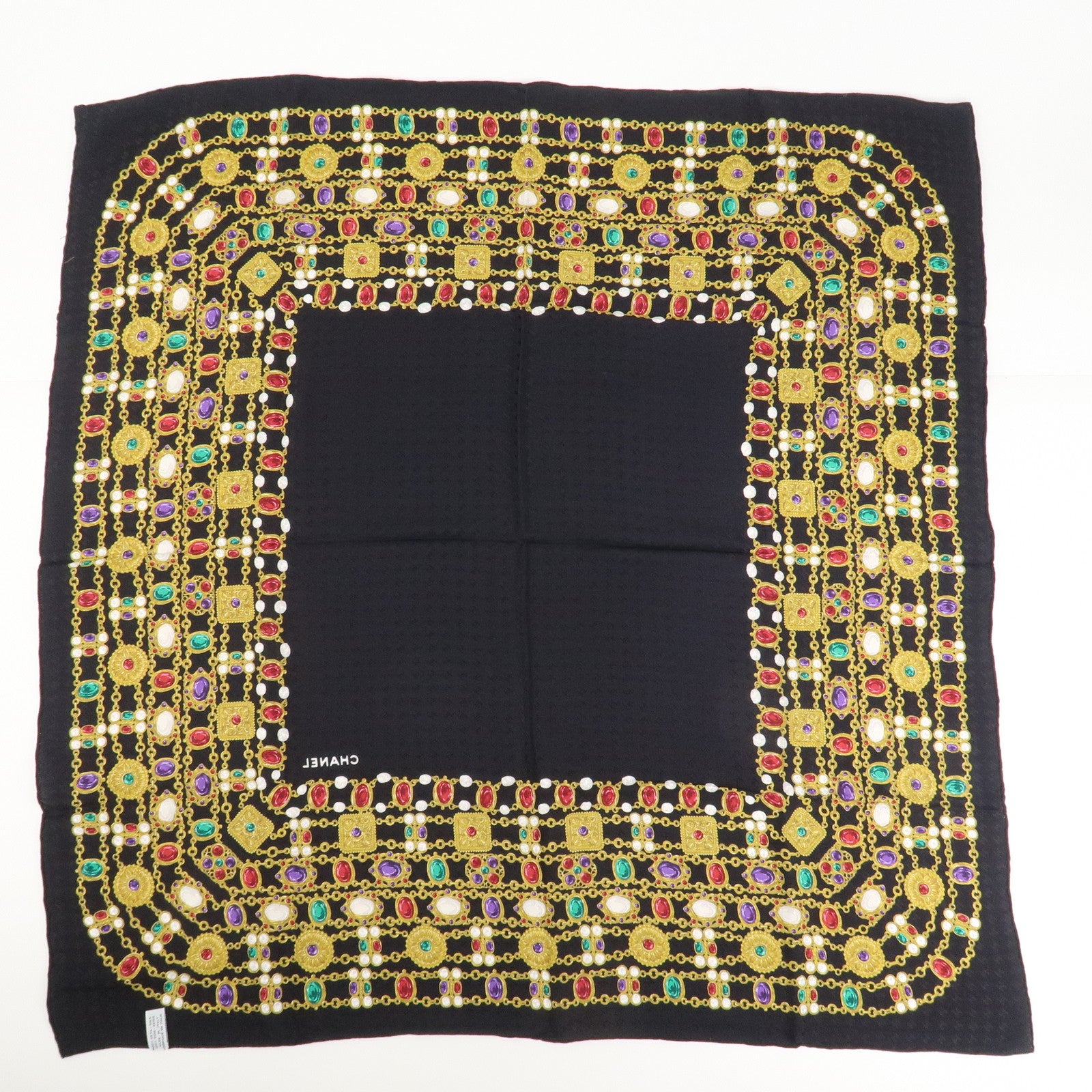 CHANEL COCO Mark Silk 100 % Jewelry Pattern Scarf Black Multi Color Used