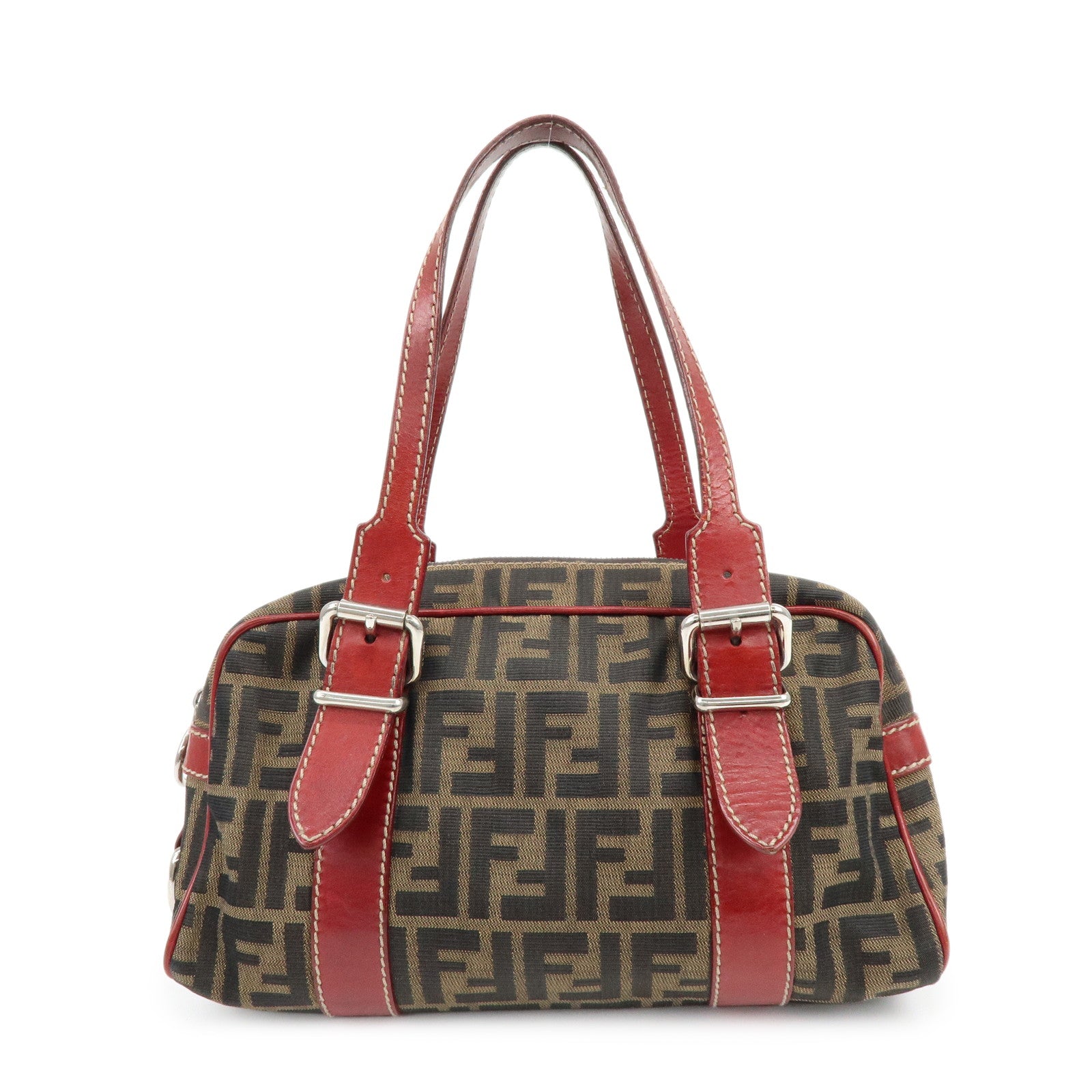 FENDI Zucca Canvas Leather Mini Boston Hand Bag Brown Red 8BR119