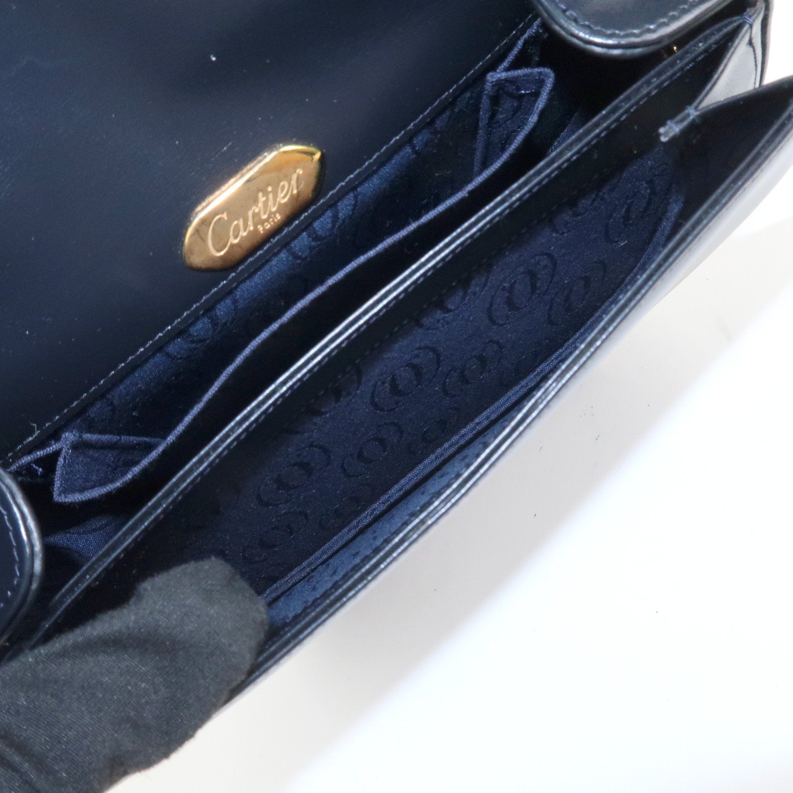 Cartier Sapphire Line Leather Sapphire Shoulder Bag Hand Bag Black