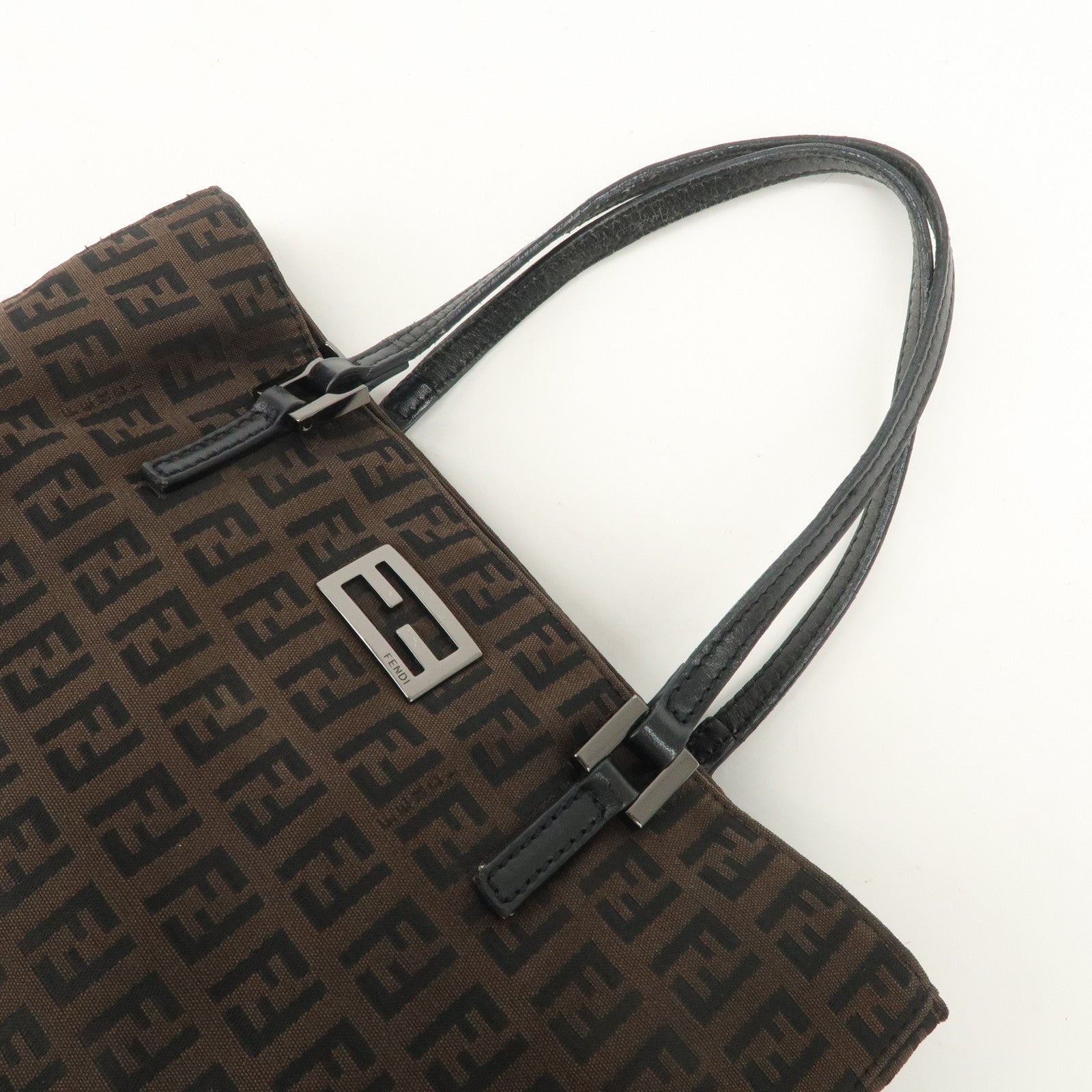 FENDI Zucchino Canvas Leather Tote Bag Hand Bag Dark Brown 8BH132