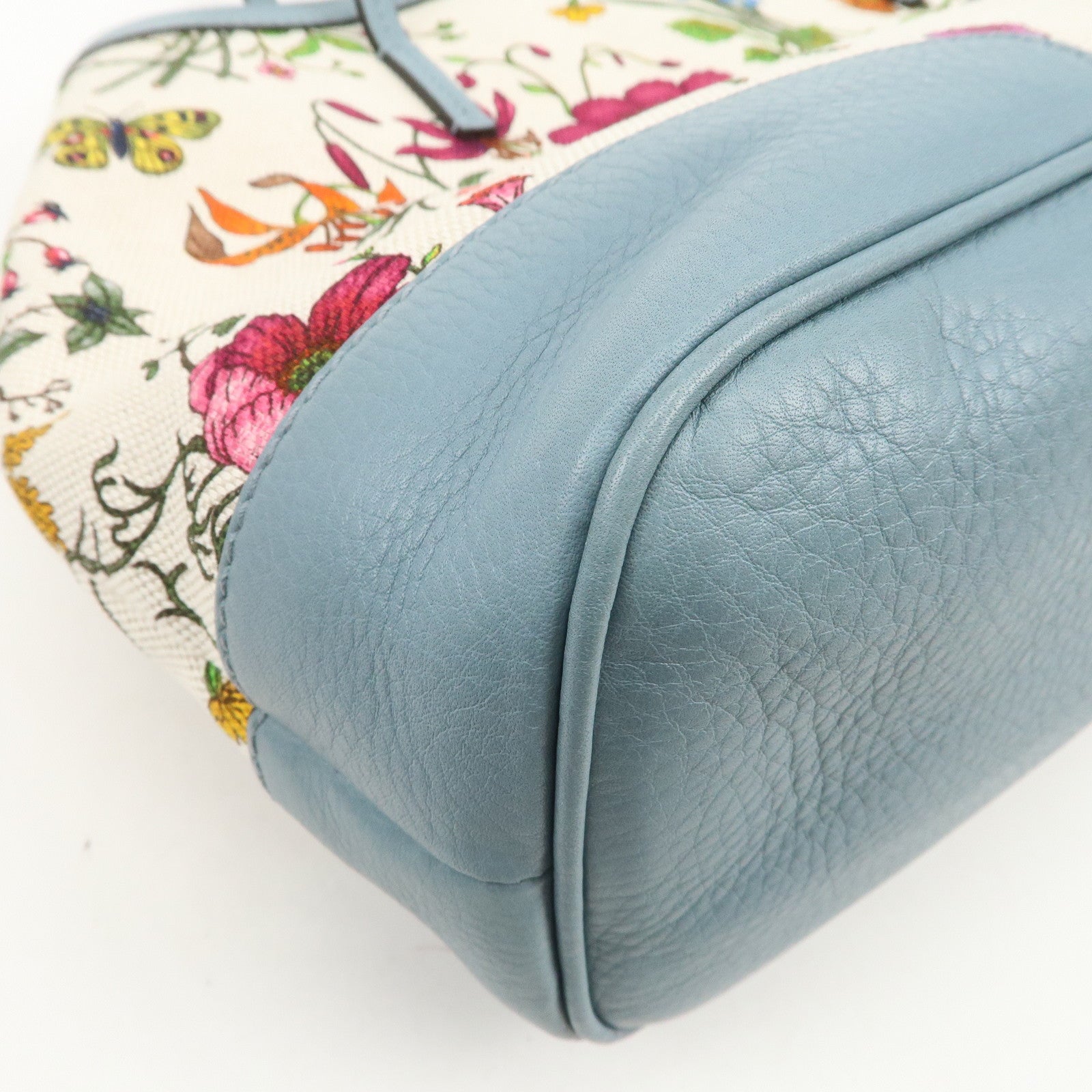 GUCCI Flora Canvas Leather Tote Bag Hand Bag Natural Blue 358470