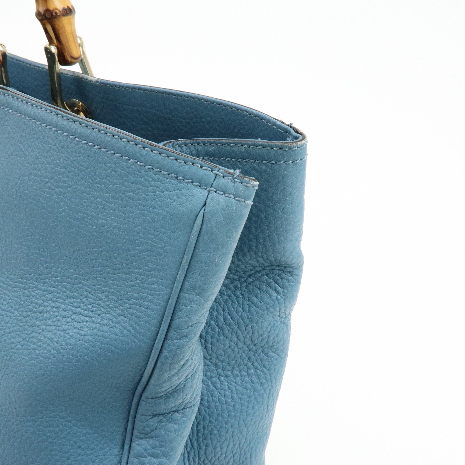 GUCCI Bamboo Shopper Large Leather Tote Bag 2Way Bag Blue 323658