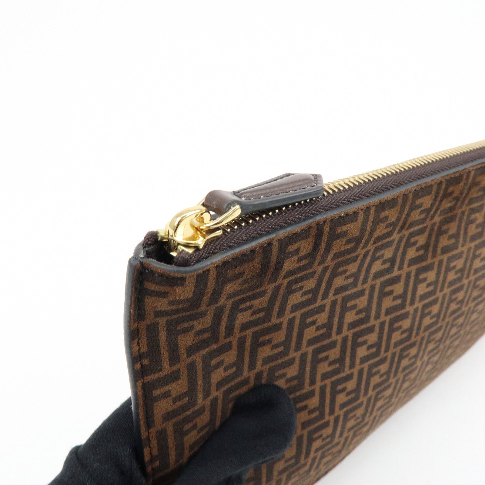 FENDI Zucchino Suede Leather Clutch Bag Flat Pouch Brown 8N0149