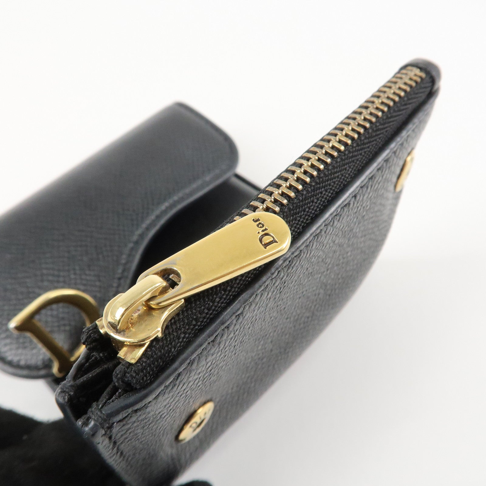 Christian Dior Saddle Leather Compact Wallet Black Gold Hardware Used