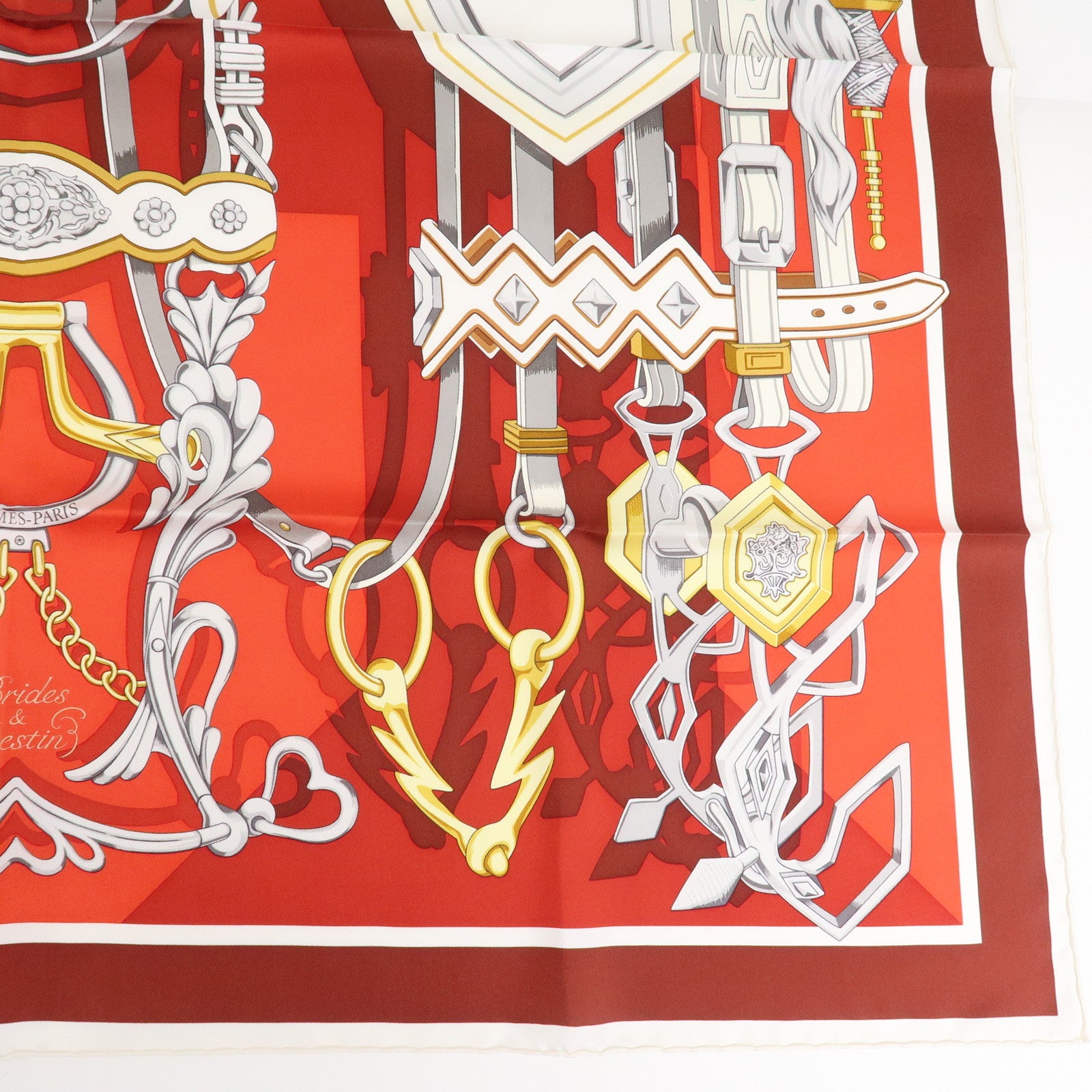 HERMES Carre 90 Silk 100% BRIDES ET DESTIN Red Used