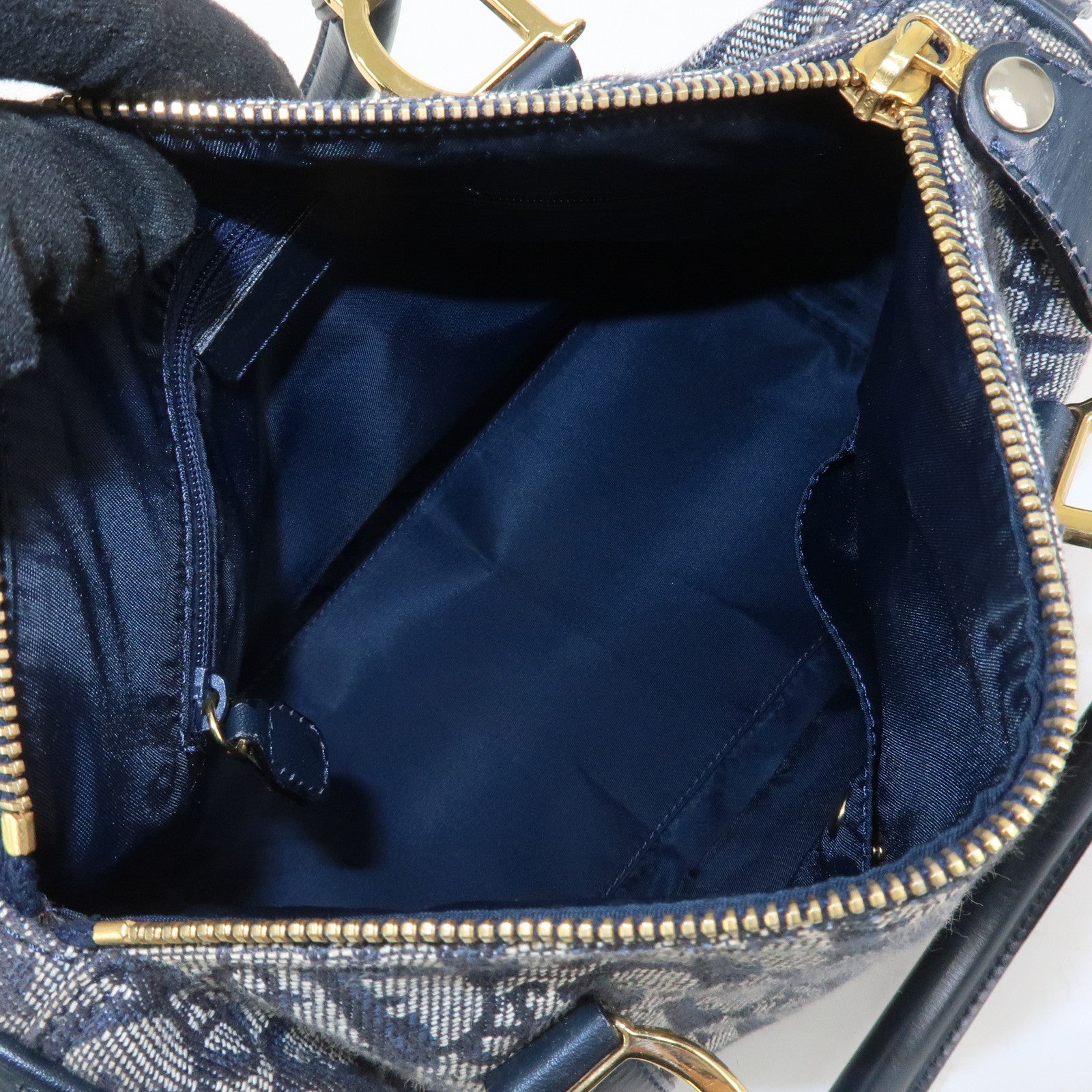 Christian Dior Trotter Jacquard Canvas Leather Boston Bag Navy