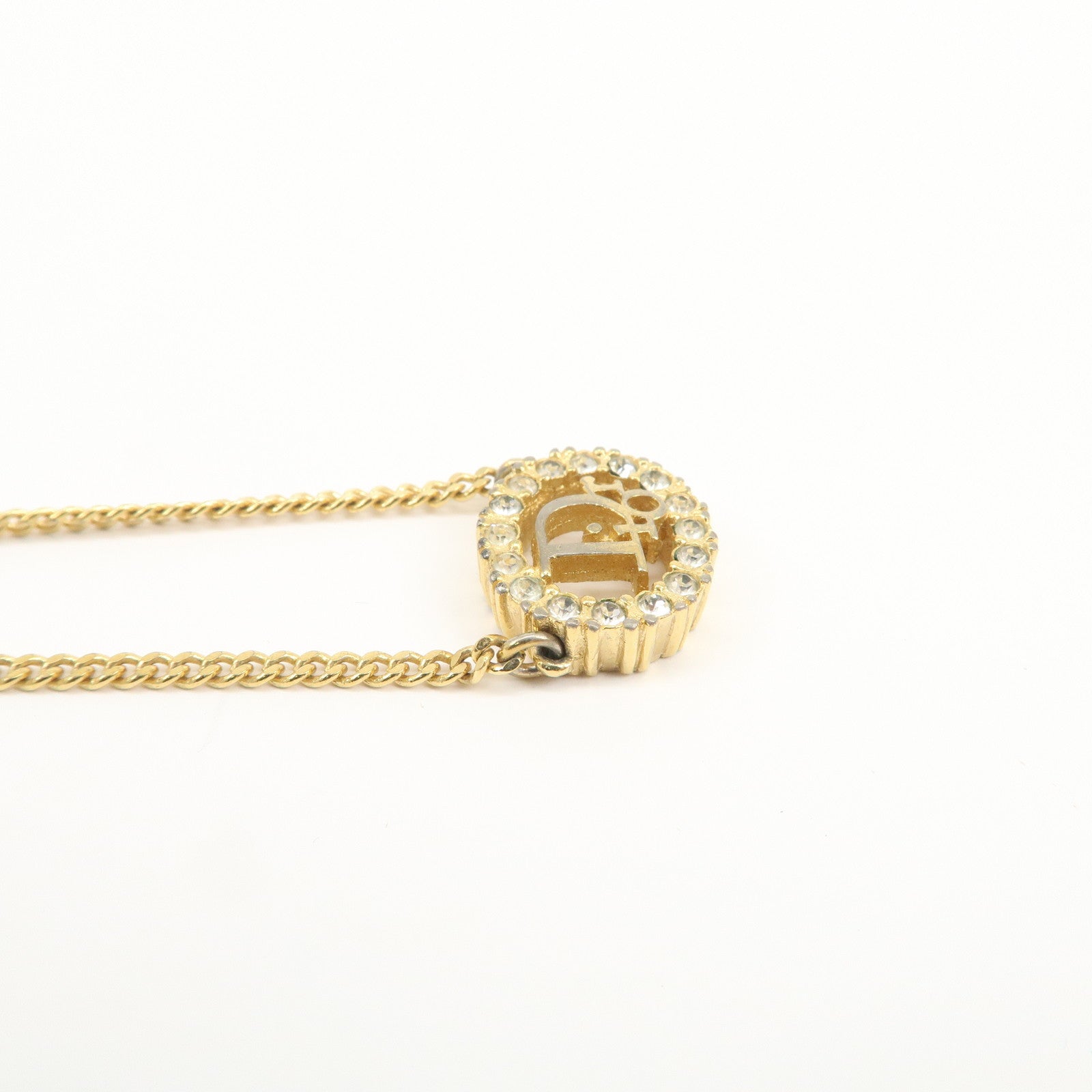 Christian Dior Logo Metal Rhinestone Necklace Gold