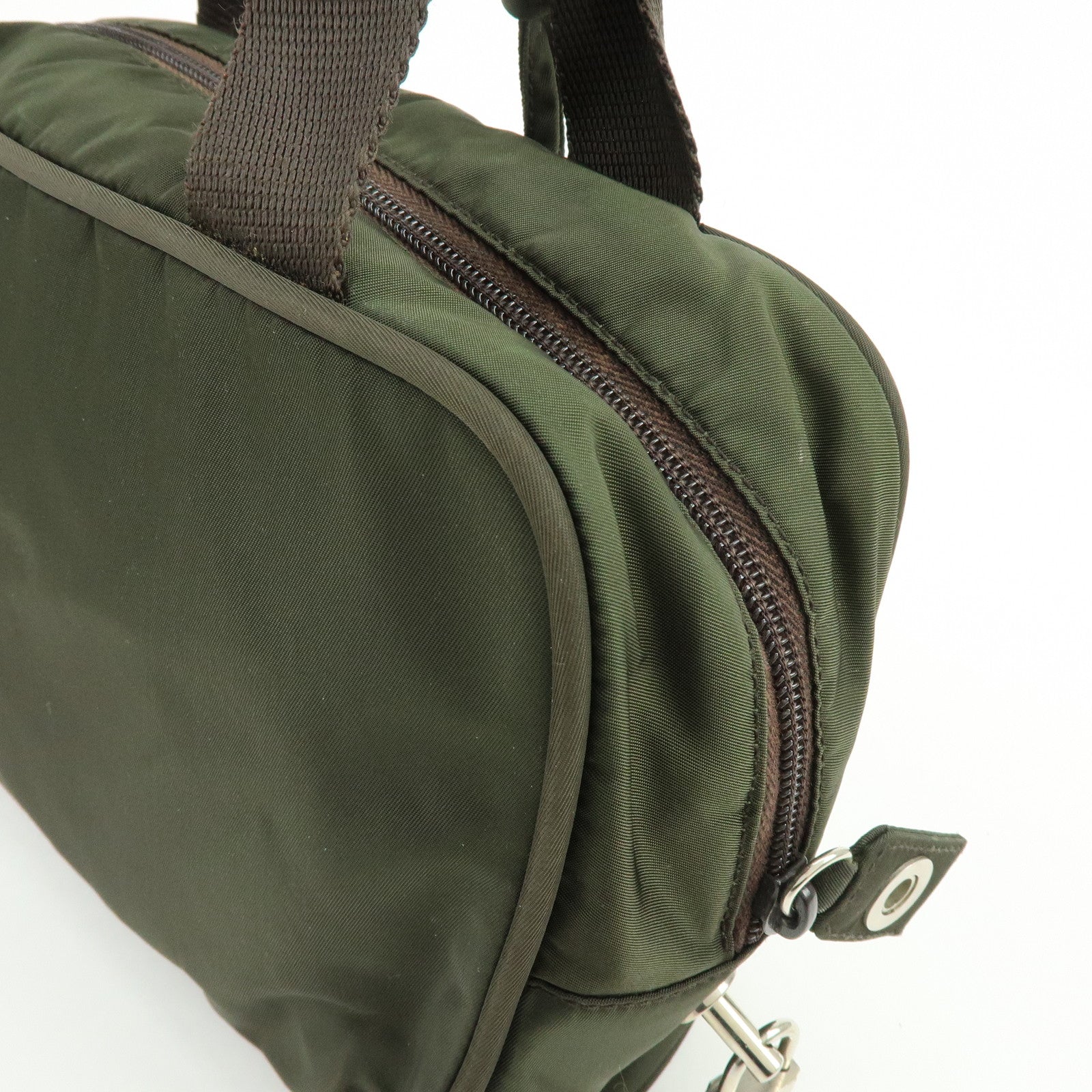 PRADA Triangle Logo Nylon Leather Hand Bag Tote Boston Bag Khaki