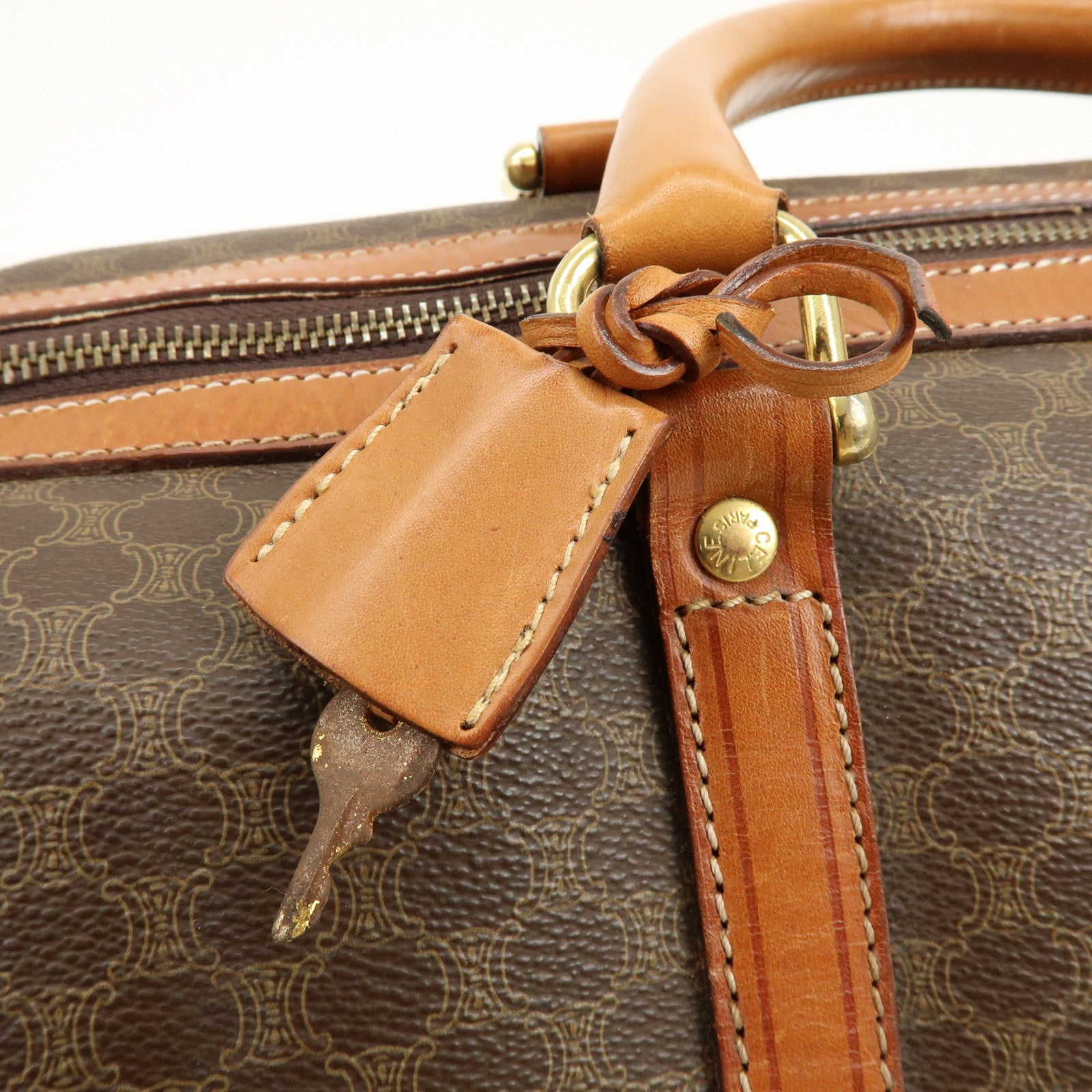 CELINE Macadam PVC Coated Canvas Leather Boston Bag Hand Bag Brown