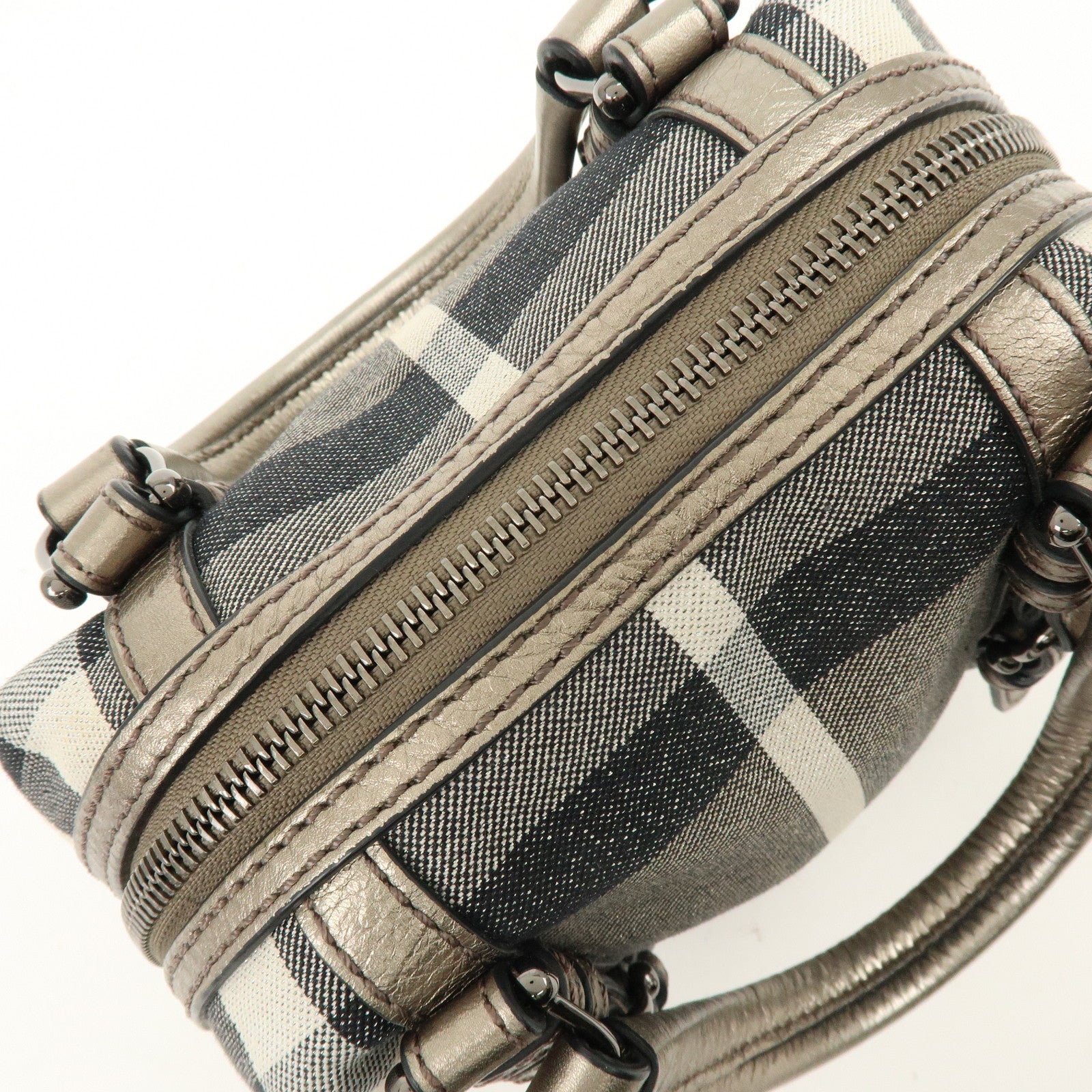 BURBERRY Plaid Canvas Leather Hand Bag Gray Champagne Gold